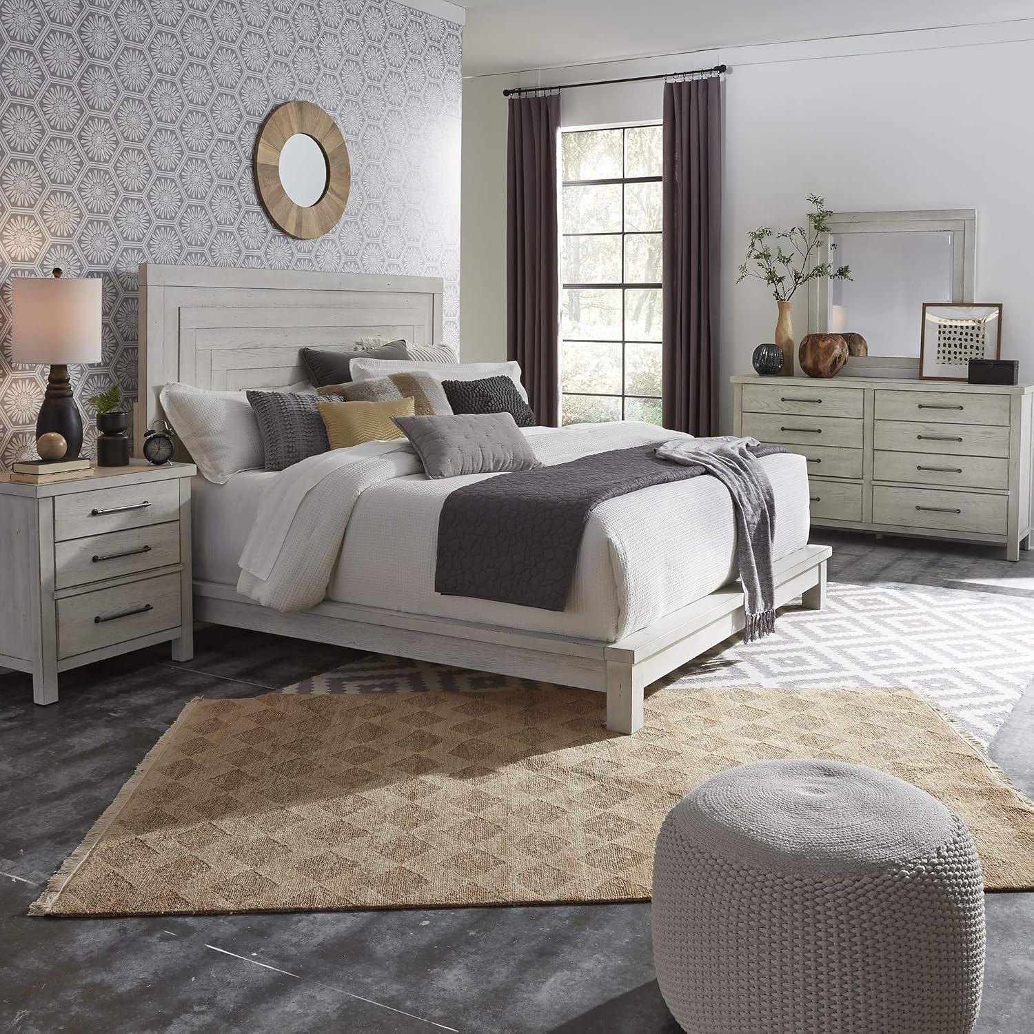 White Queen Platform Bed with Storage and Wood Headboard