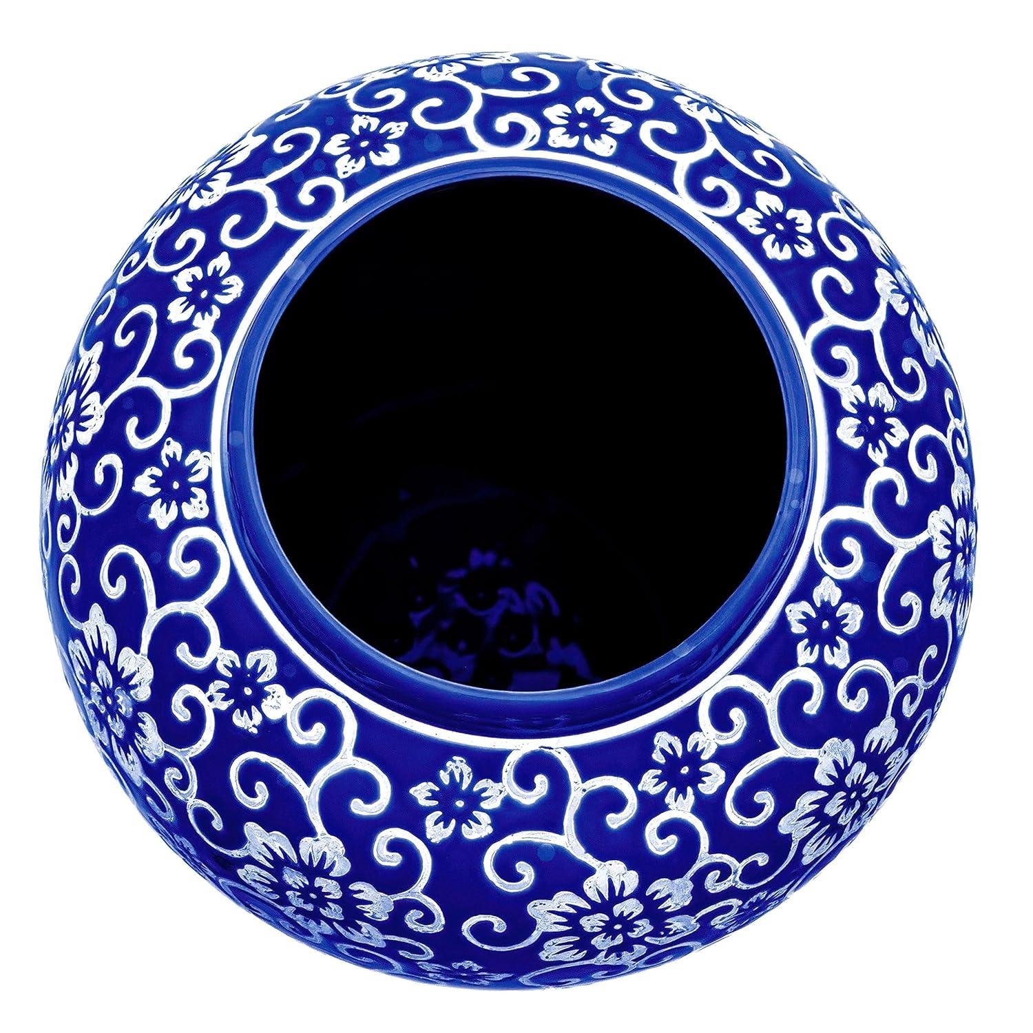 18" White Flowers on Blue Temple Jar