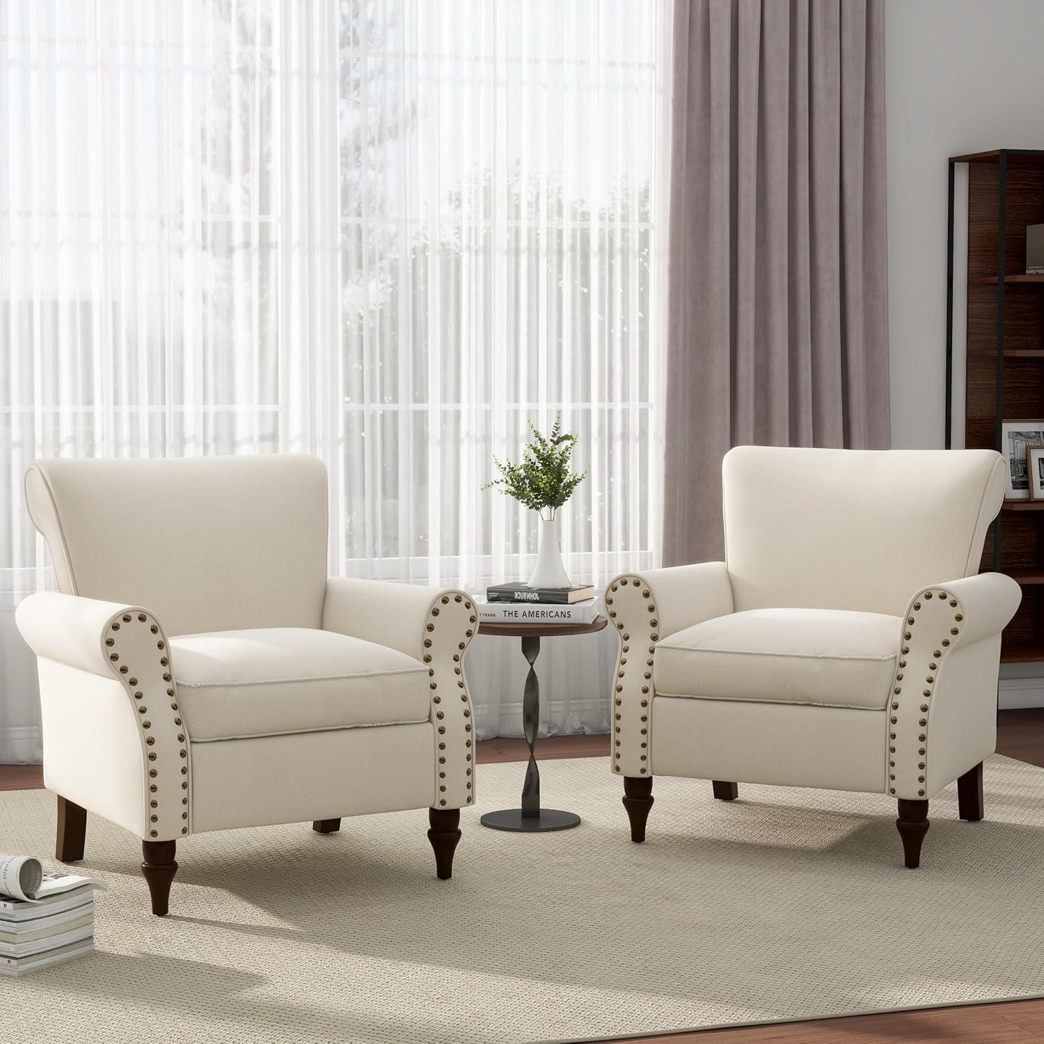 Beige Nailhead Trim Upholstered Armchairs Set of 2