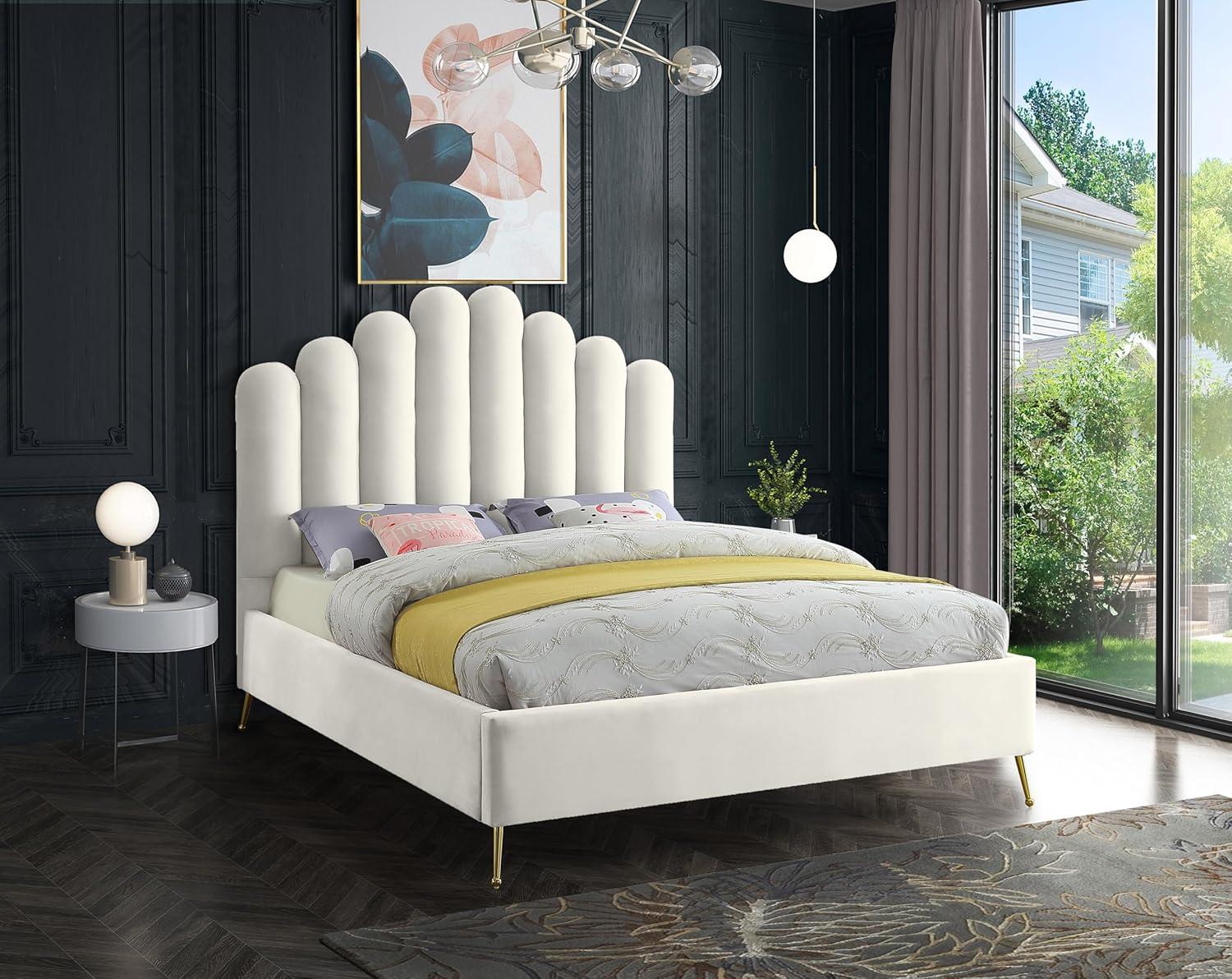 Meridian Furniture Contemporary Velvet Upholstered Platform Bed with Sturdy Gold Steel Legs and Deep Channel Tufted Headboard