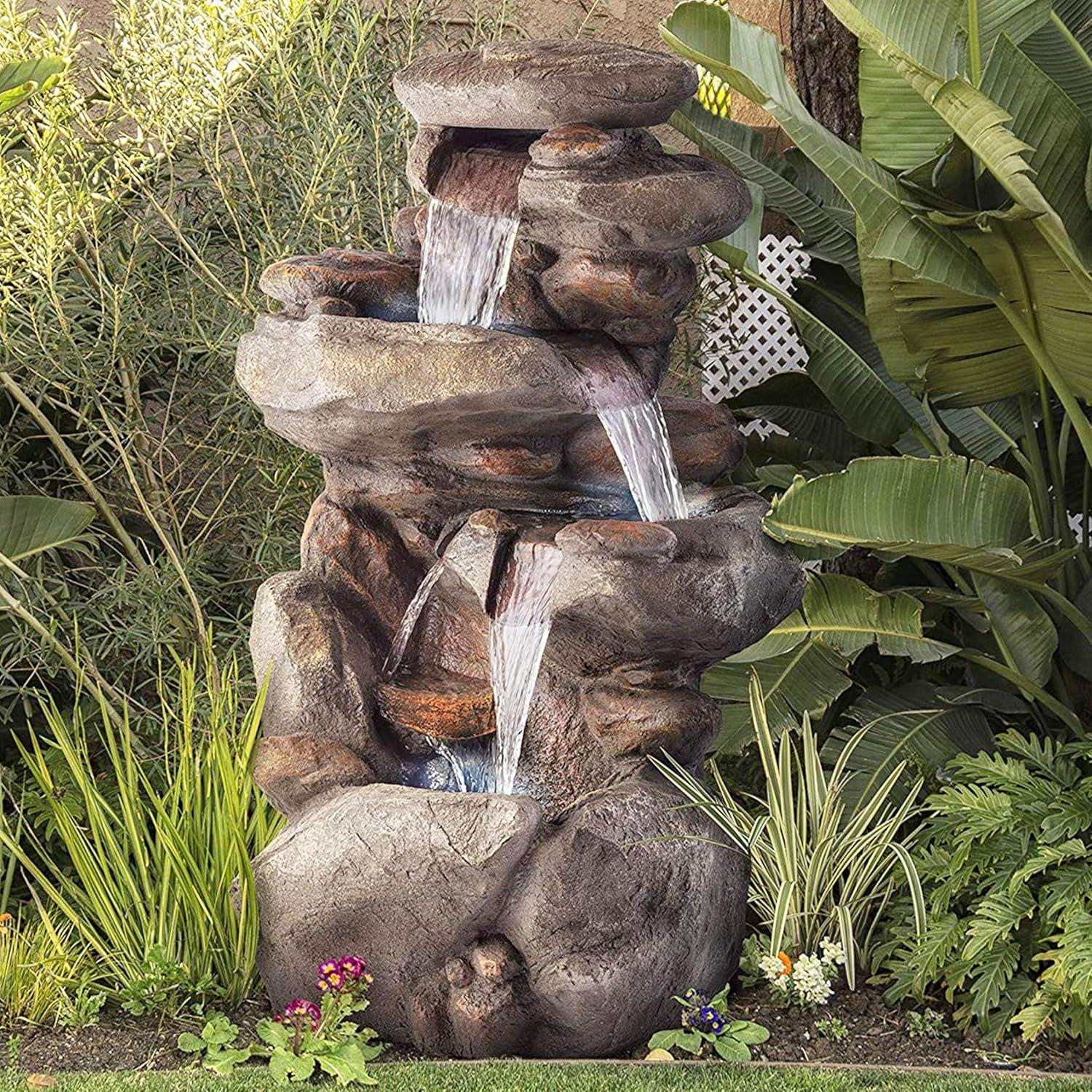 Gray Polystone Rock Waterfall Fountain with LED Light