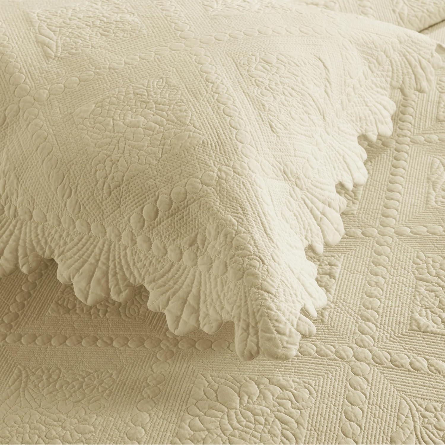 Beige Khaki Cotton Queen Bedspread Set with Embroidery