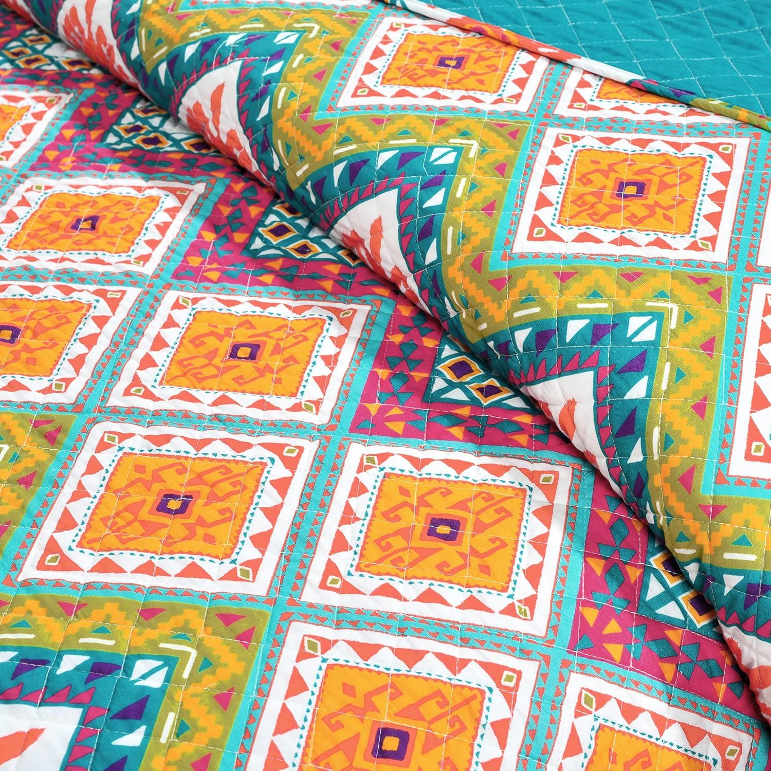 Boho Turquoise/Orange/Purple Standard Cotton Reversible 3 Piece Quilt Set