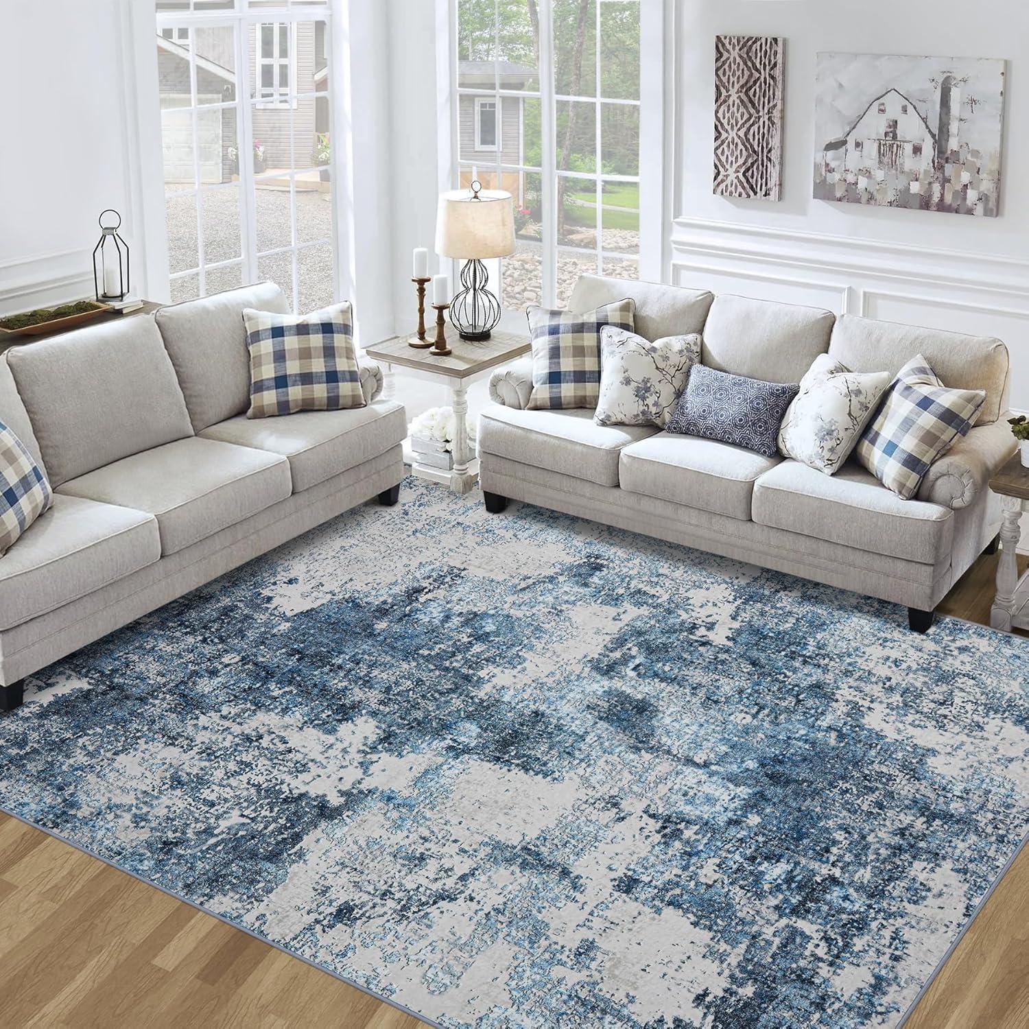 Ink Blue Abstract Washable 9' x 12' Synthetic Area Rug