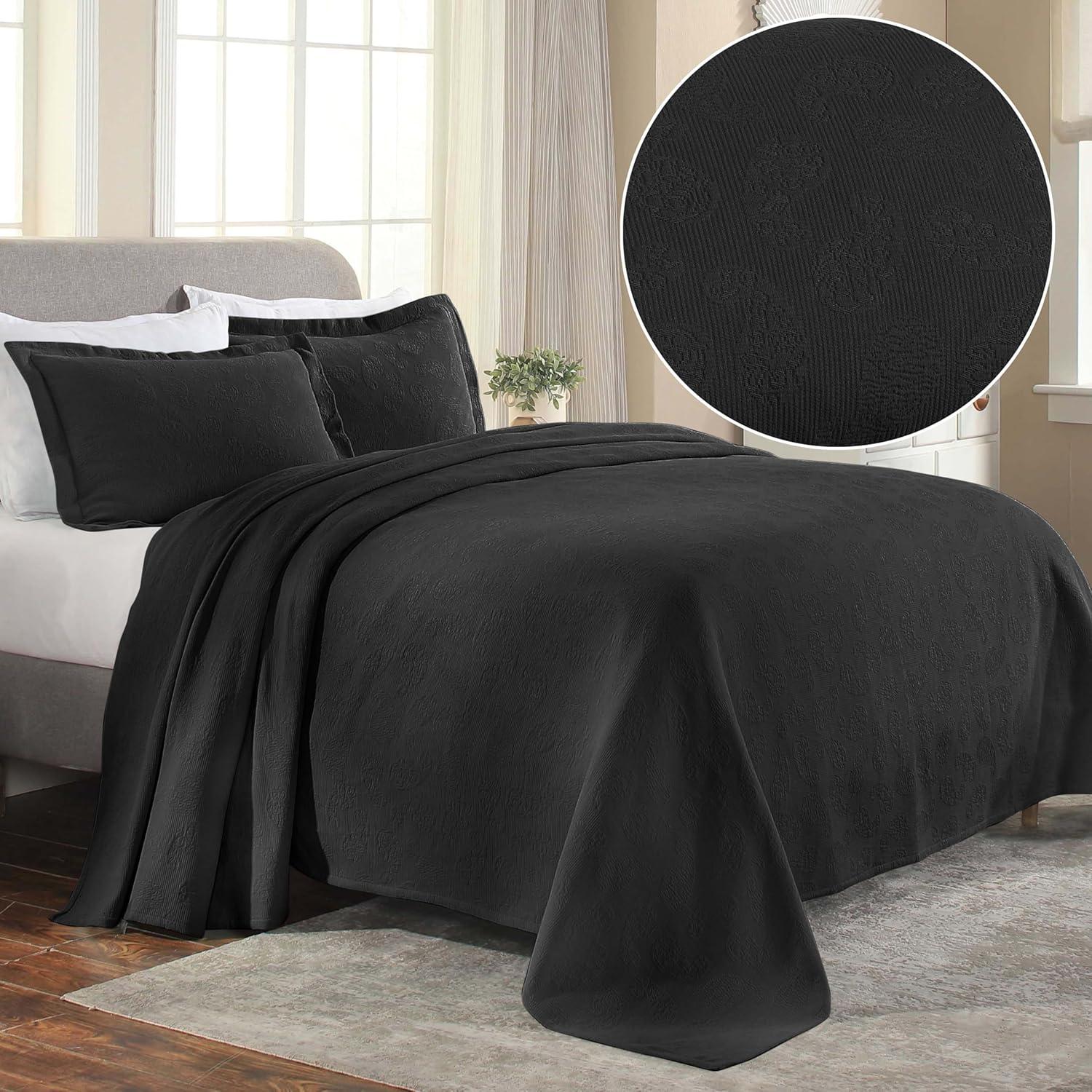 Black Cotton Queen Paisley Bedspread Set with Pillow Shams