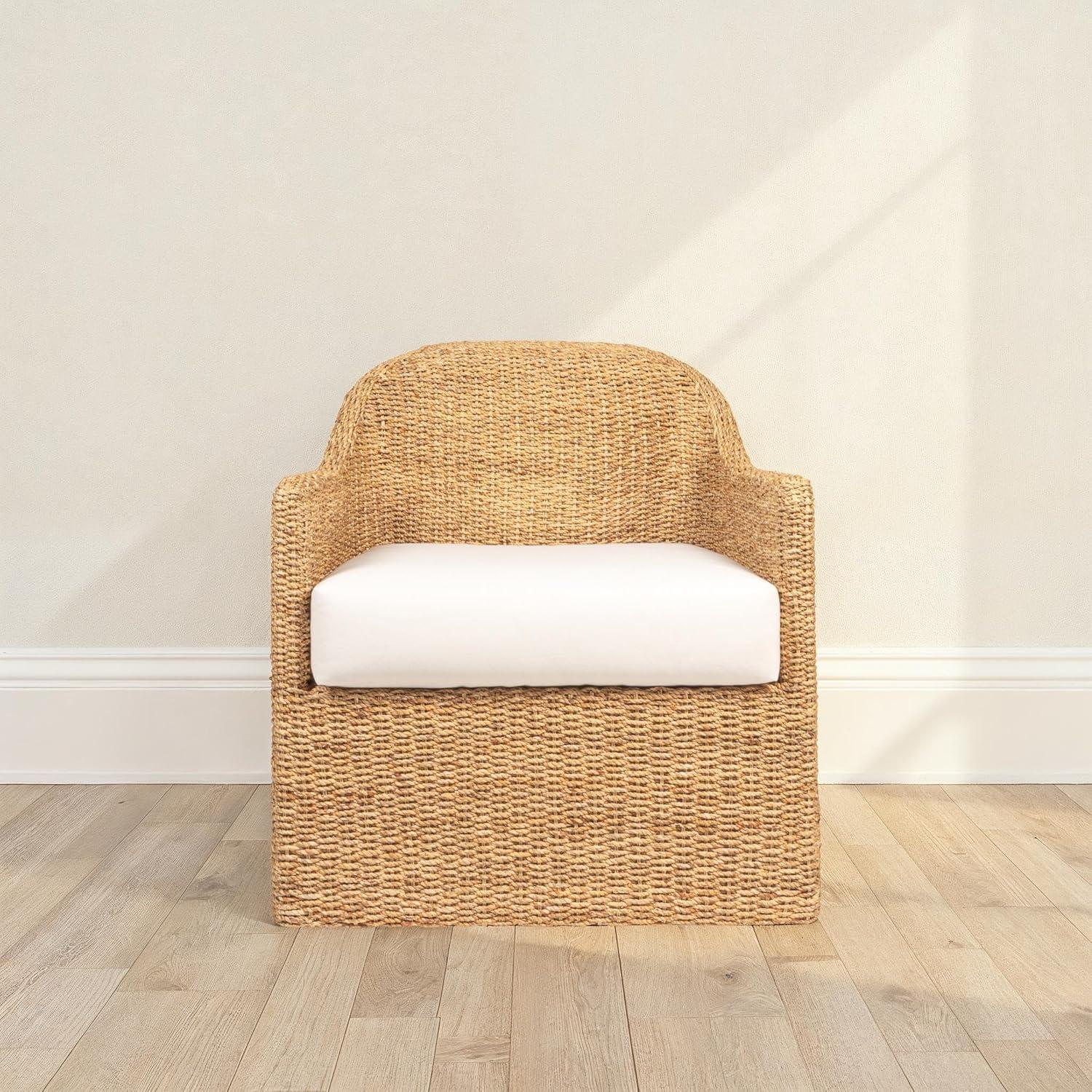 Natural and Cream Woven Water Hyacinth and Acacia Wood Outdoor Lounge Chair with White Cushion