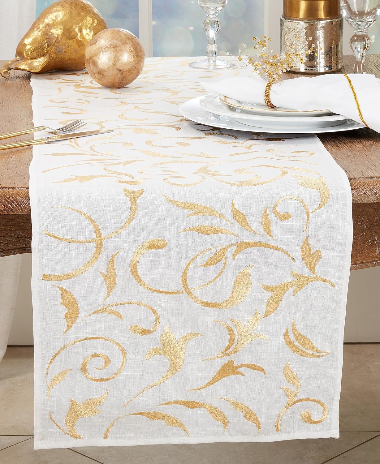 Saro Lifestyle Botanical Embroidered Leaves Table Runner