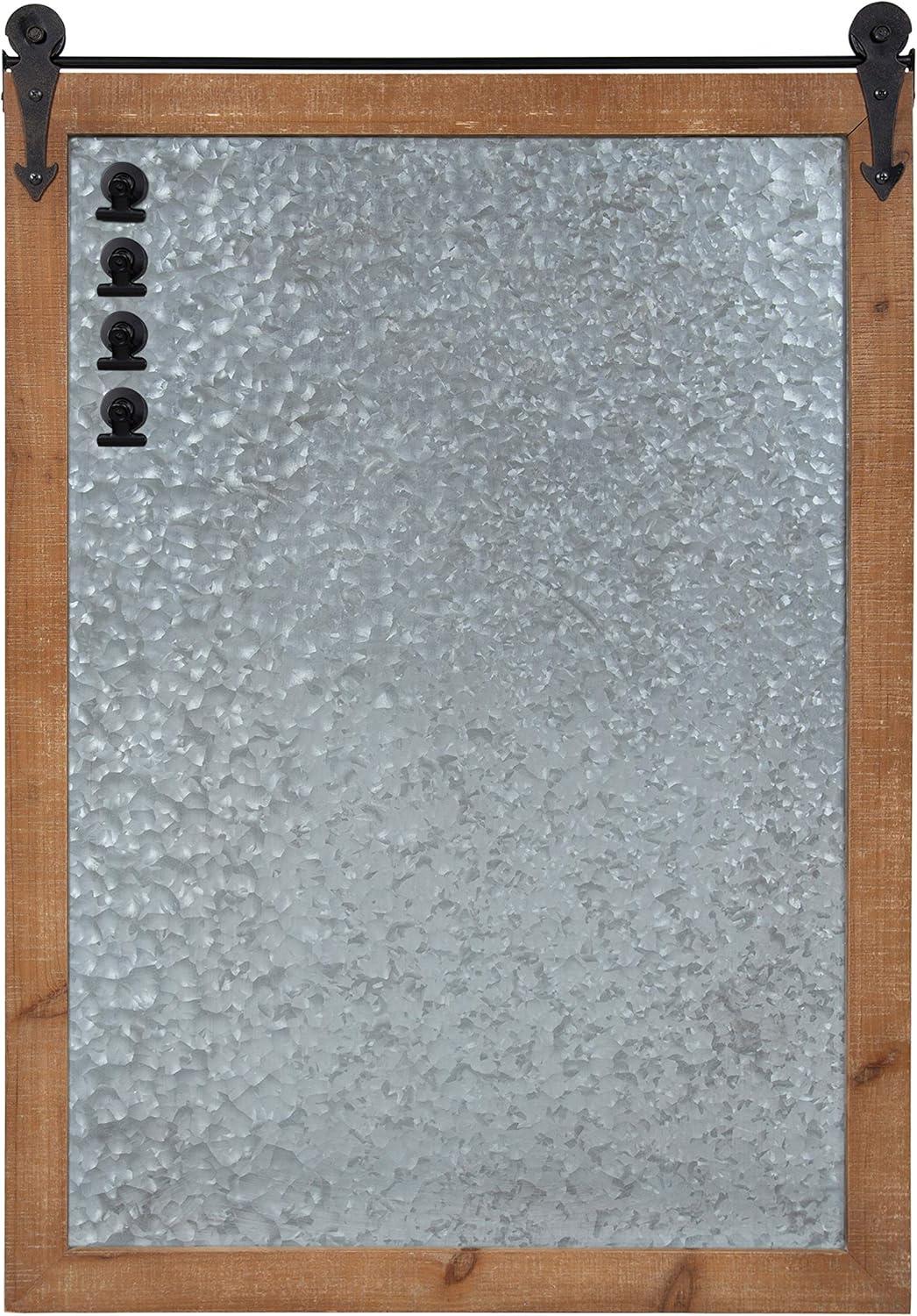 Kate and Laurel Cates Modern Farmhouse Barn Door Wood Framed Galvanized Metal Magnetic Memo Board, Rustic Brown