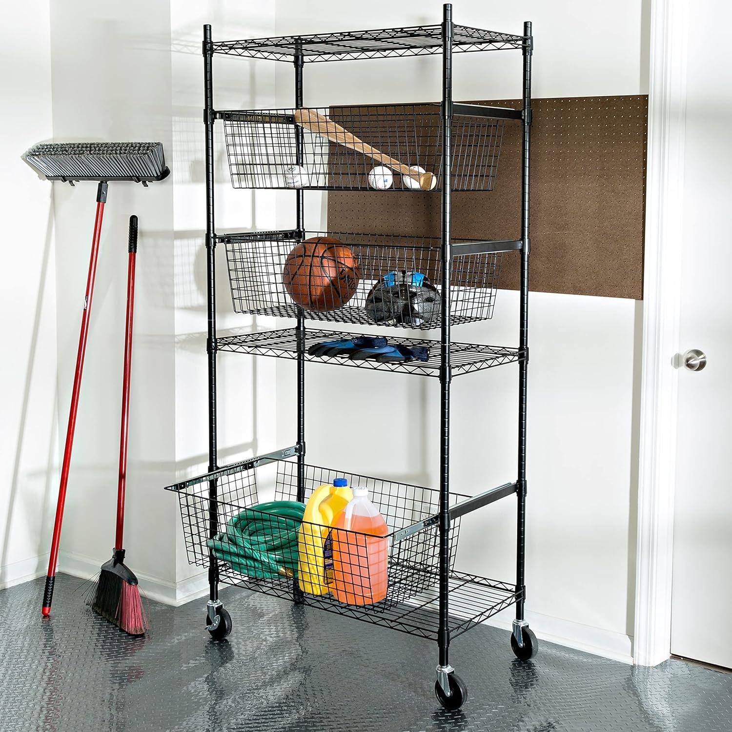 Honey-Can-Do 3-Shelf Steel Heavy-Duty Storage Shelves with 3 Pull-Out Baskets, Black, Holds up to 200 lb per Shelf