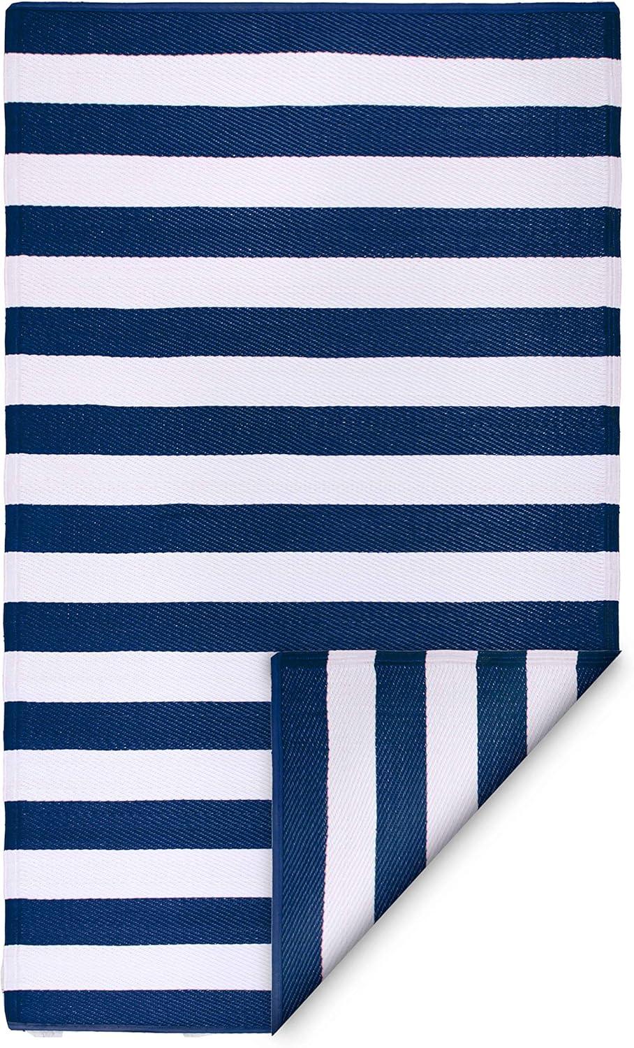 FH Home Outdoor Rug - Waterproof, Fade Resistant, Crease-Free - Premium Recycled Plastic - Striped - Patio, Deck, Porch, Balcony, Laundry Room - Brittany Stripe - Blue & White - 4 x 6 ft