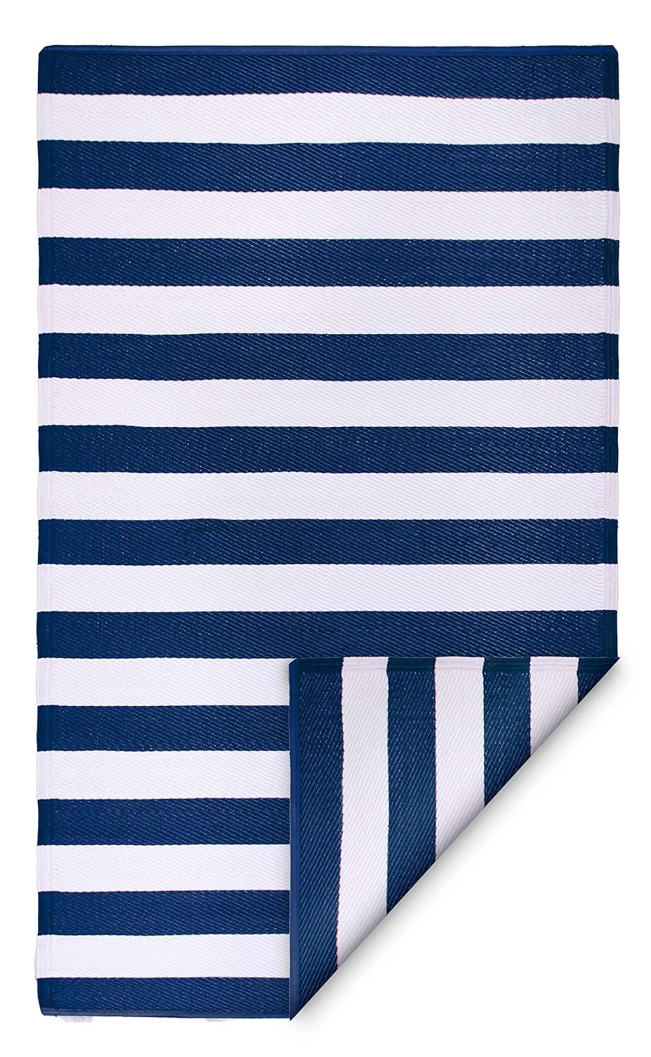 FH Home Outdoor Rug - Waterproof, Fade Resistant, Crease-Free - Premium Recycled Plastic - Striped - Patio, Deck, Porch, Balcony, Laundry Room - Brittany Stripe - Blue & White - 4 x 6 ft