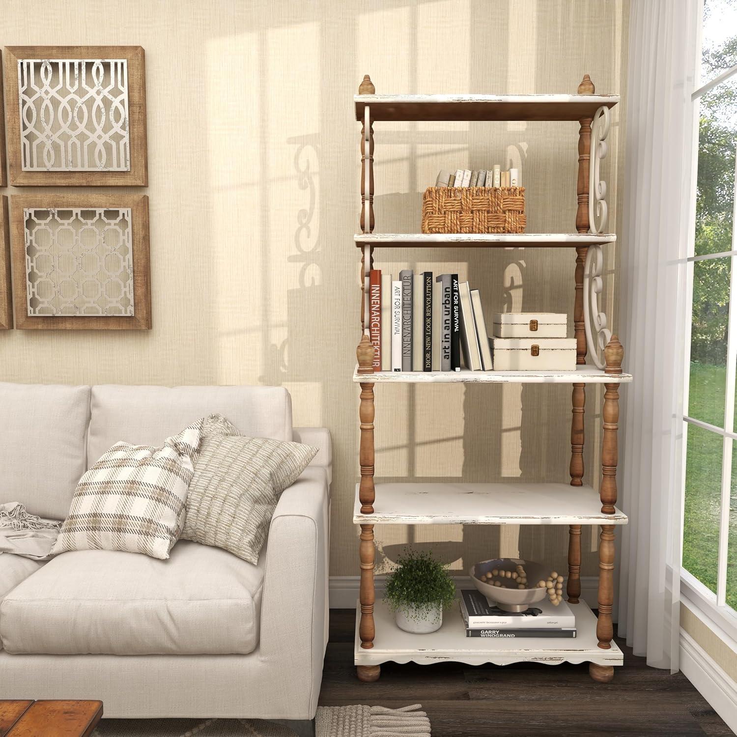 75" x 32" Farmhouse Wood Shelving Unit Off White - Olivia & May: 5-Tier Storage Bookcase
