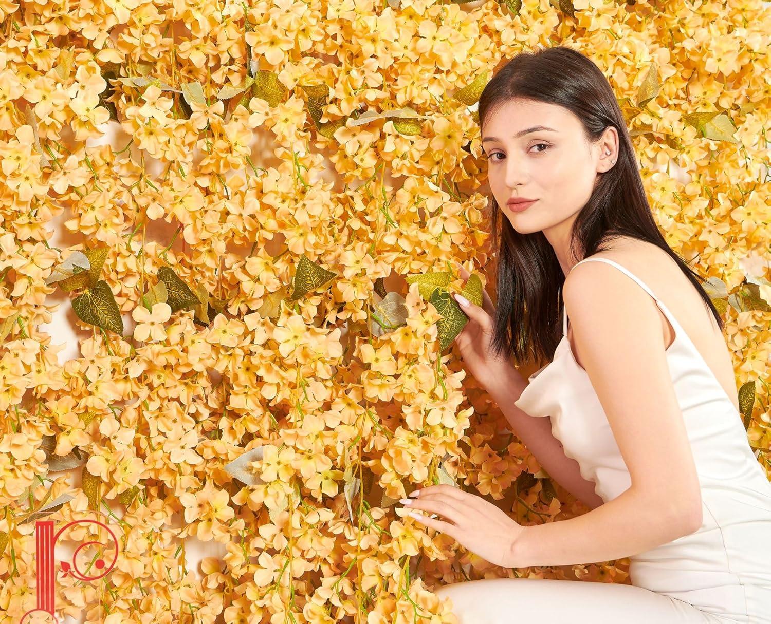 Flower Garland, Artificial Hydrangea Vine Flowers, Hanging Fake Hydrangeas Vine for Room Anniversary Wedding Birthday Christmas Wall Arch Decor, 2 Pcs, Floral Garland, Champagne Flower