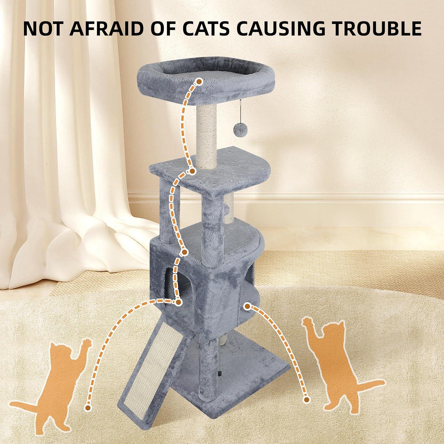 45" Gray Cat Tree Tower with Condo and Scratching Post