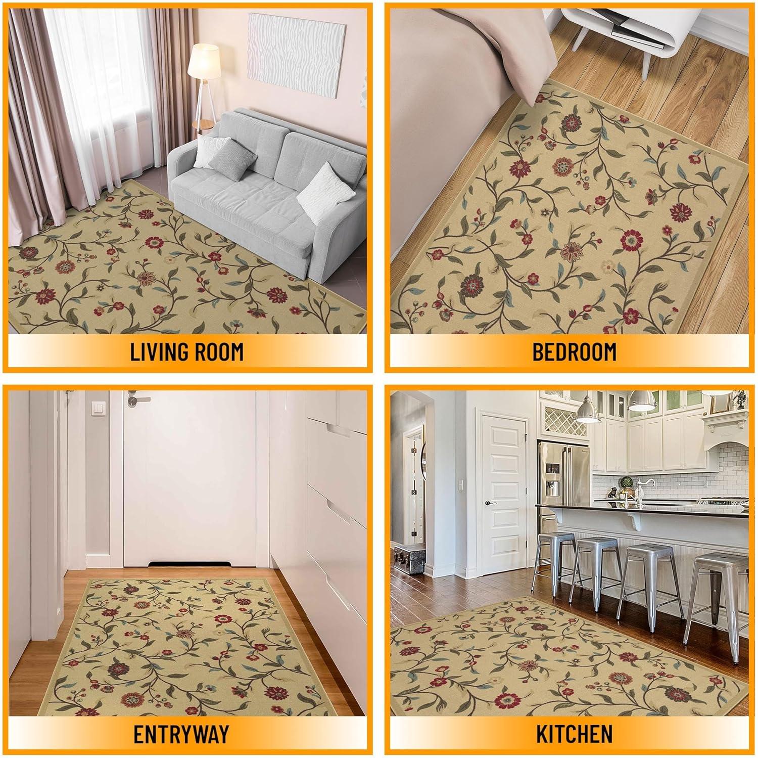 Ottohome Machine Washable Non-Slip Rubberback Floral Leaves Area Rug