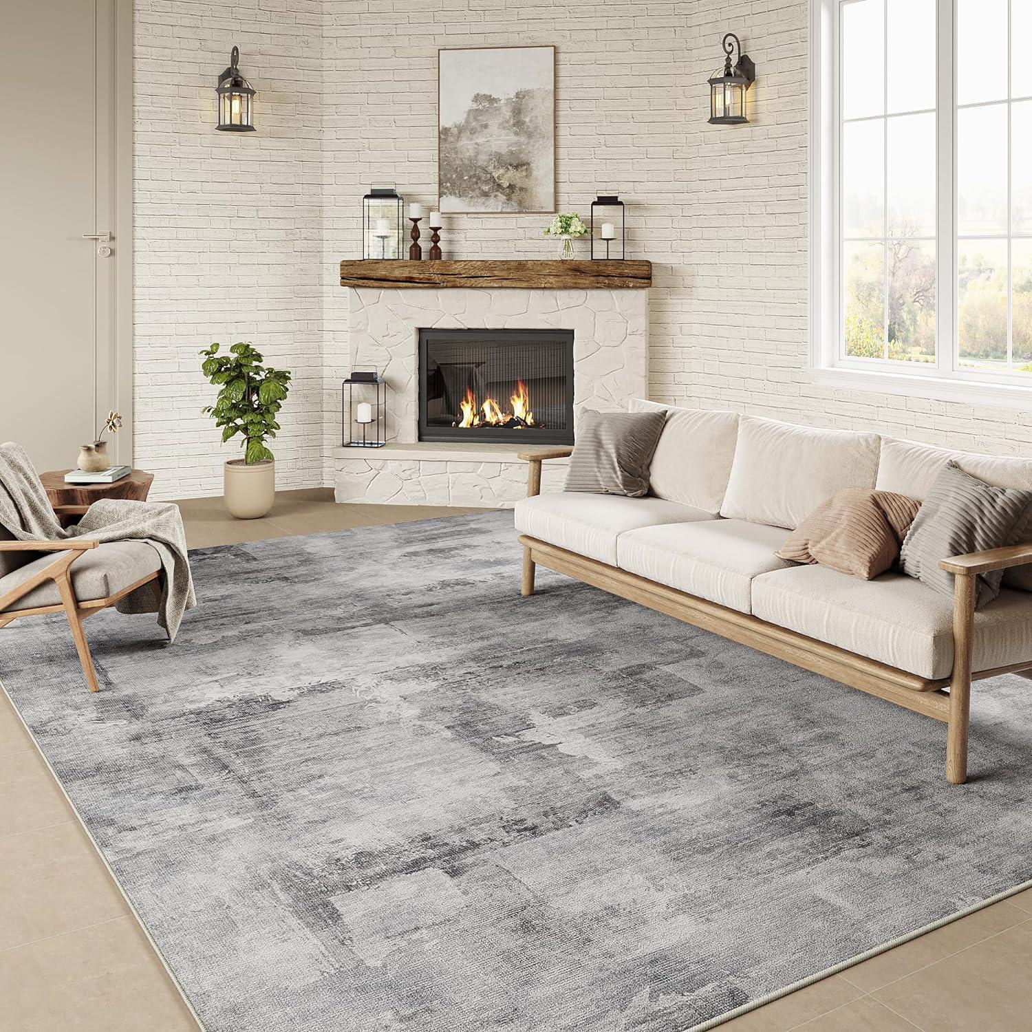 Gray Abstract 5' x 7' Machine Washable Area Rug