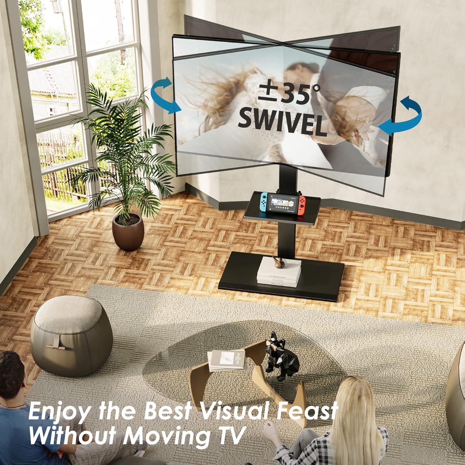 FITUEYES Floor TV Stand Iron Base with Swivel Mount for 50-85 Inch Large LCD/LED TVs Adjustable Shelf Tall Corner TV Stands for Bedroom and Living Room Hold Up to 110 lbs Black