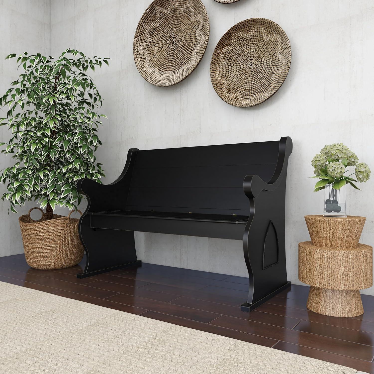 Black Wood Storage Bench with Scrolled Armrests