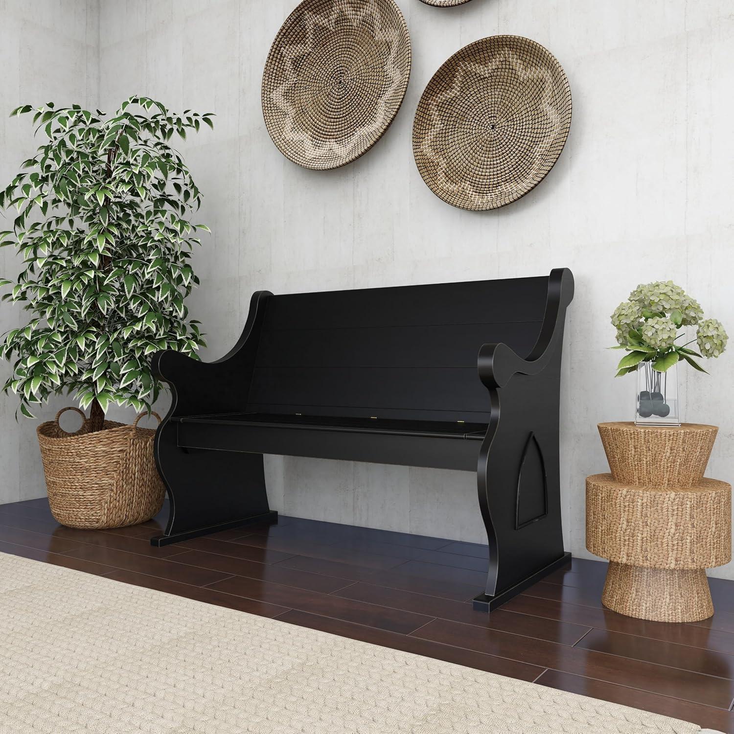 DecMode Wood Storage Bench with Scrolled Armrests, Black