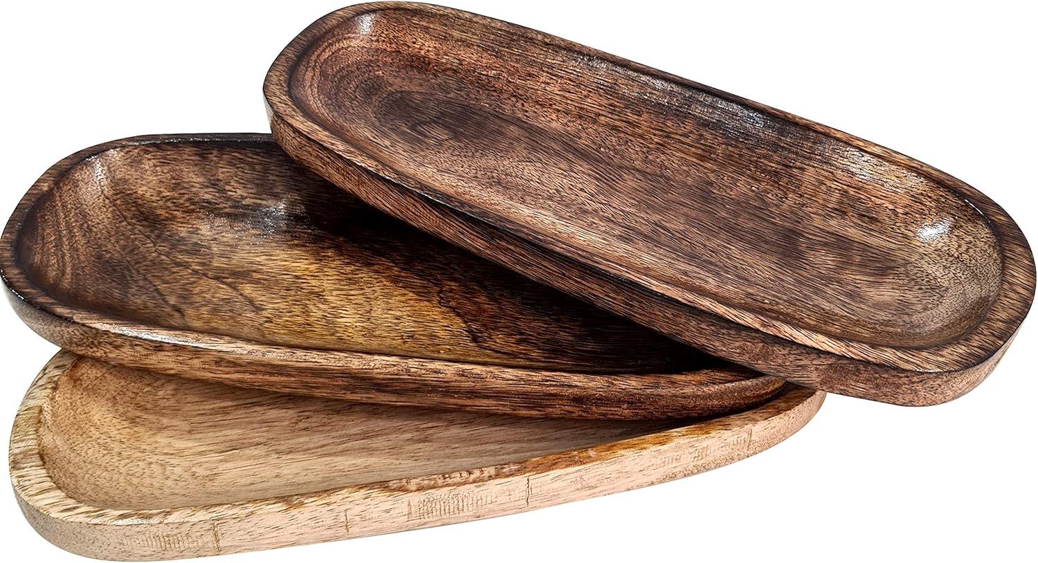 collectiblesBuy Set Of 3 Handmade Rectangular Rustic Solid Wooden Serving Platter Trays Wood Grain Pattern Brown dinnerware