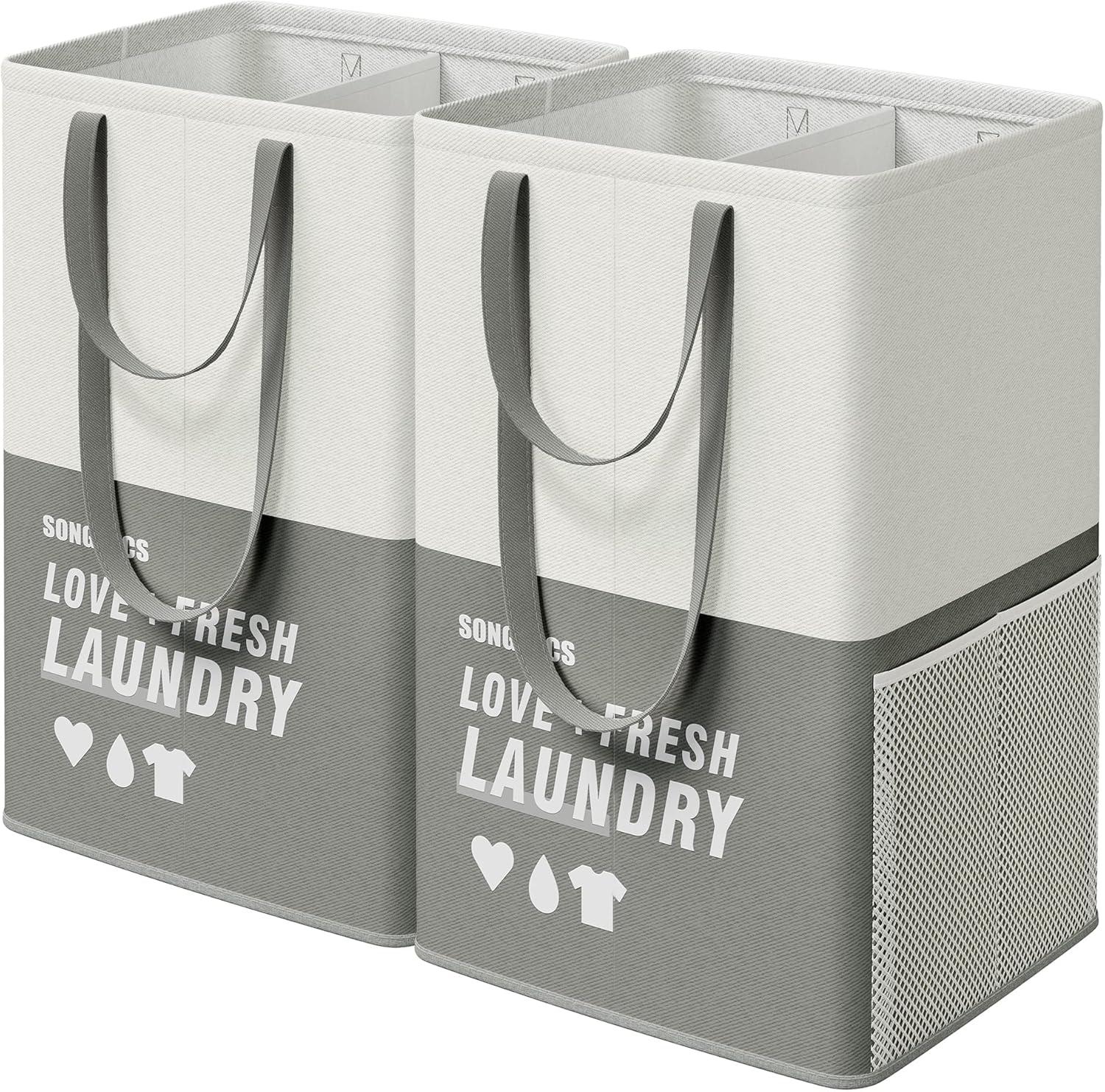 SONGMICS Laundry Baskets, Laundry Hamper with 2 Compartments, 23.8 Gallon (90L) Set of 2 Collapsible Water-Repellent Clothes Hampers, Tall Laundry Bag for Bedroom Bathroom, Light Gray ULCB209G12