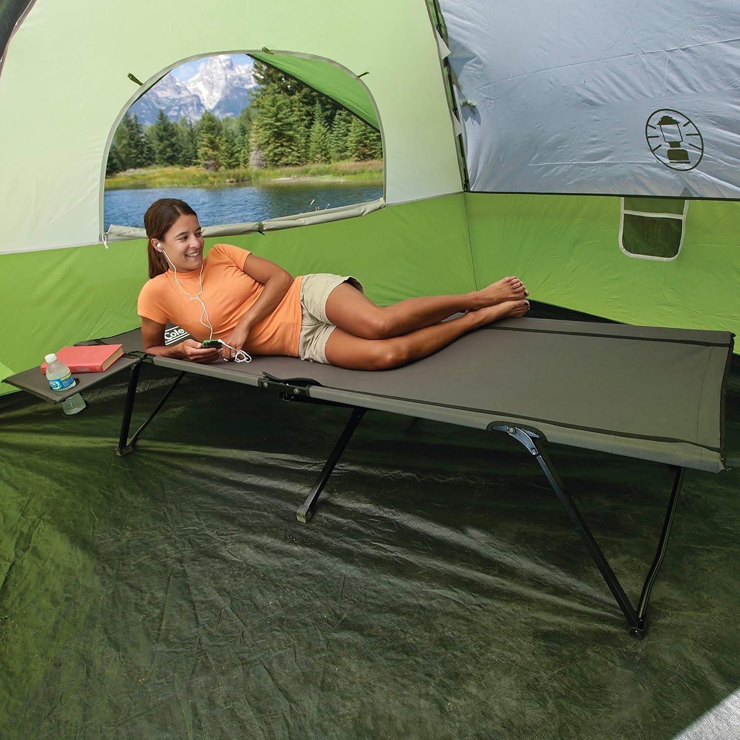 Gray Steel Camping Cot with Removable Side Table