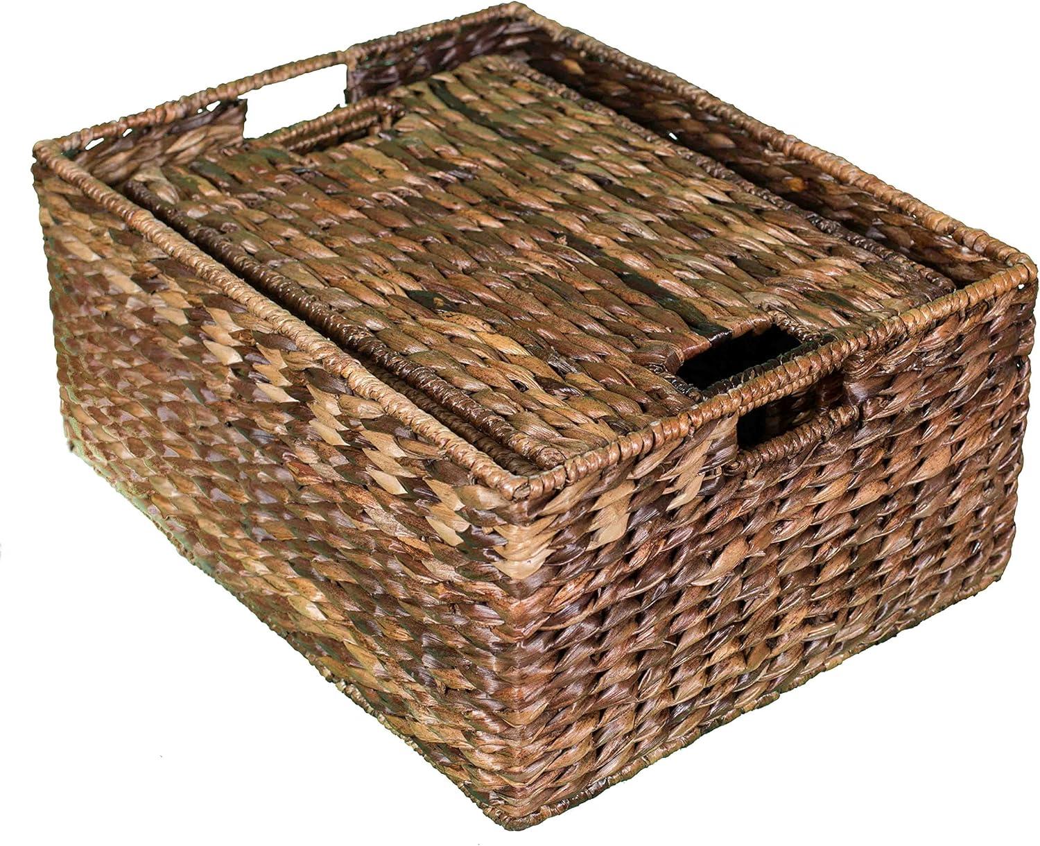 Storage Shelf Organizer Baskets with Handles - Set of 3 - Seagrass Wicker Basket - Pantry Living Room Office-Bathroom Shelves Organization - Under Shelf Basket - Handwoven (Natural)