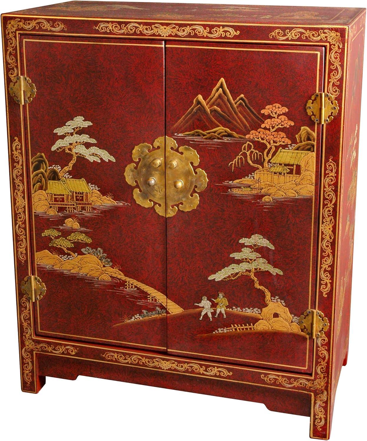 Handcrafted Red Lacquer Oriental Cabinet with Antique Brass Hardware