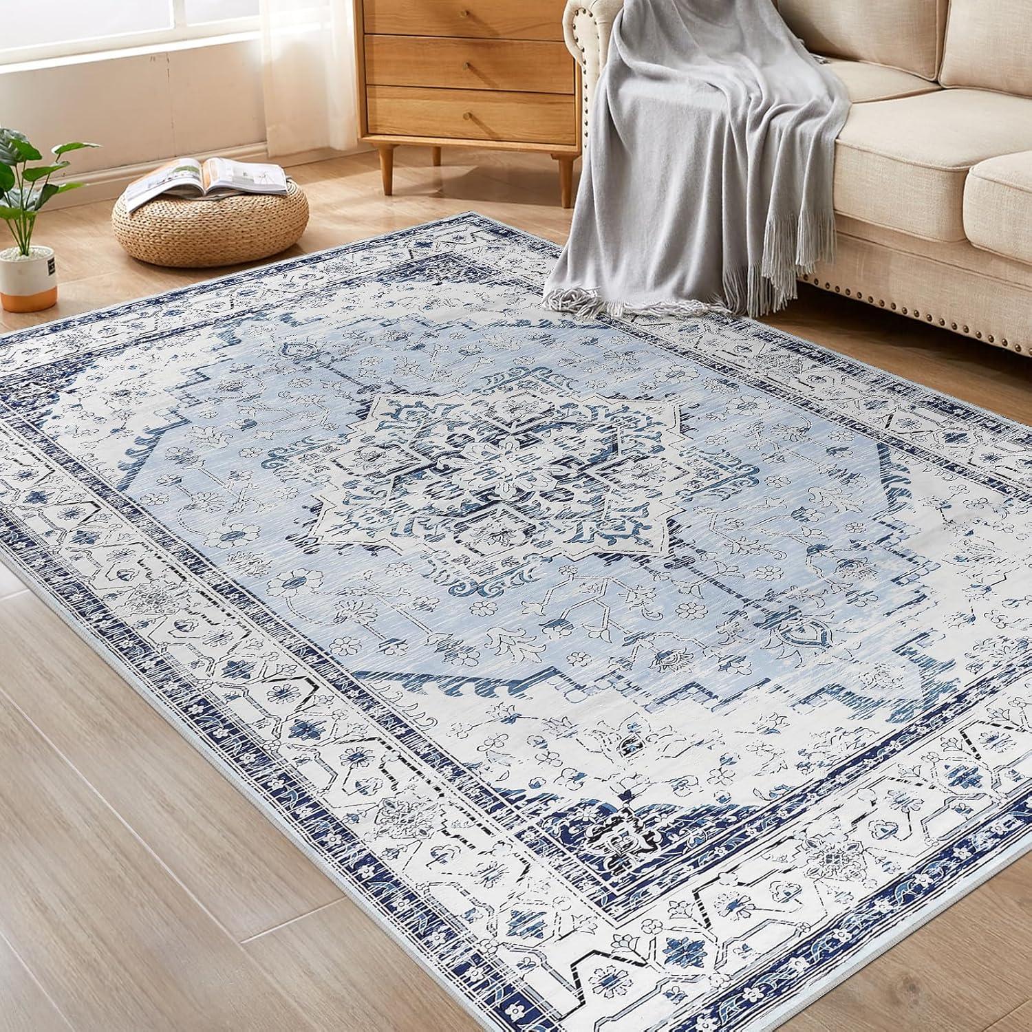 Hasoo 3' x 5' Area Rug Medallion Print Distressed Entryway Rug Persian Soft Foldable Accent Rug for Bedroom Living Room, Blue