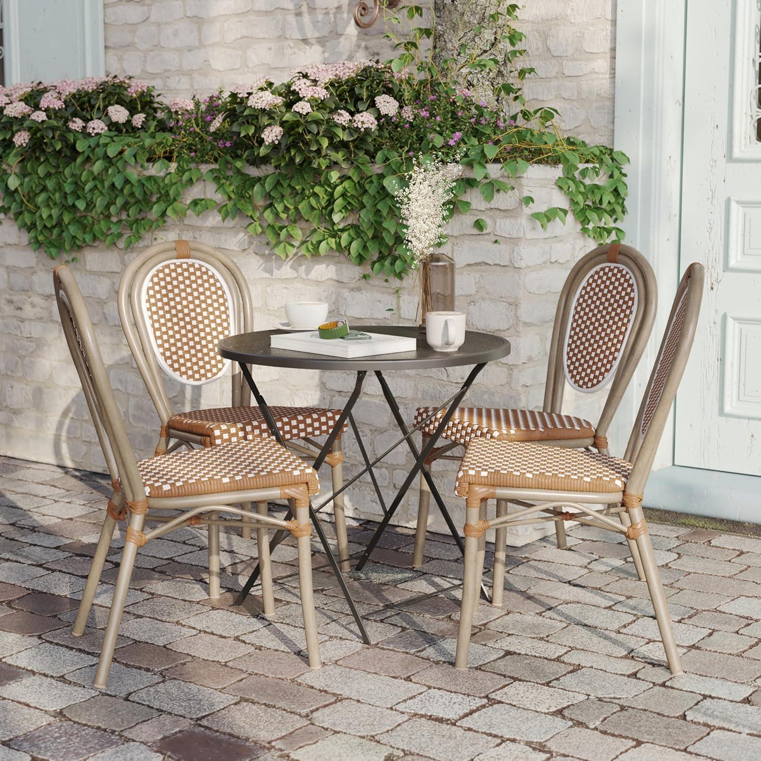 Flash Furniture 4 PK Lourdes Indoor/Outdoor Commercial Thonet Bistro Stack Chair, Natural/White PE Rattan & Bamboo Print Aluminum Frame in Light Nat