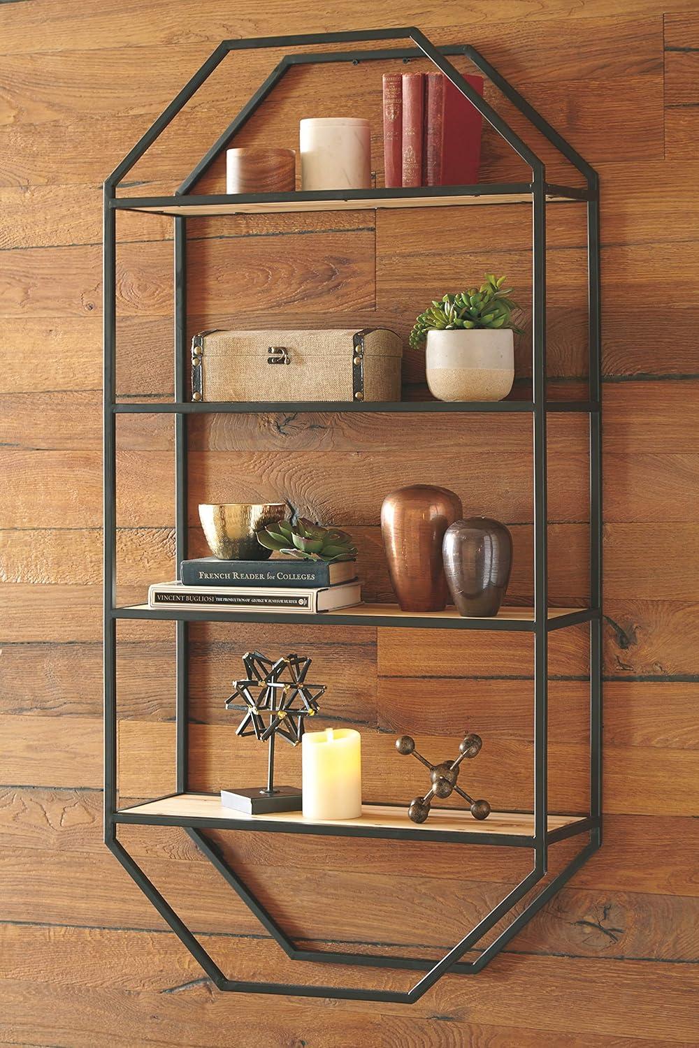 Elea 48.75" Contemporary Beige & Black Metal and Wood Wall Shelf