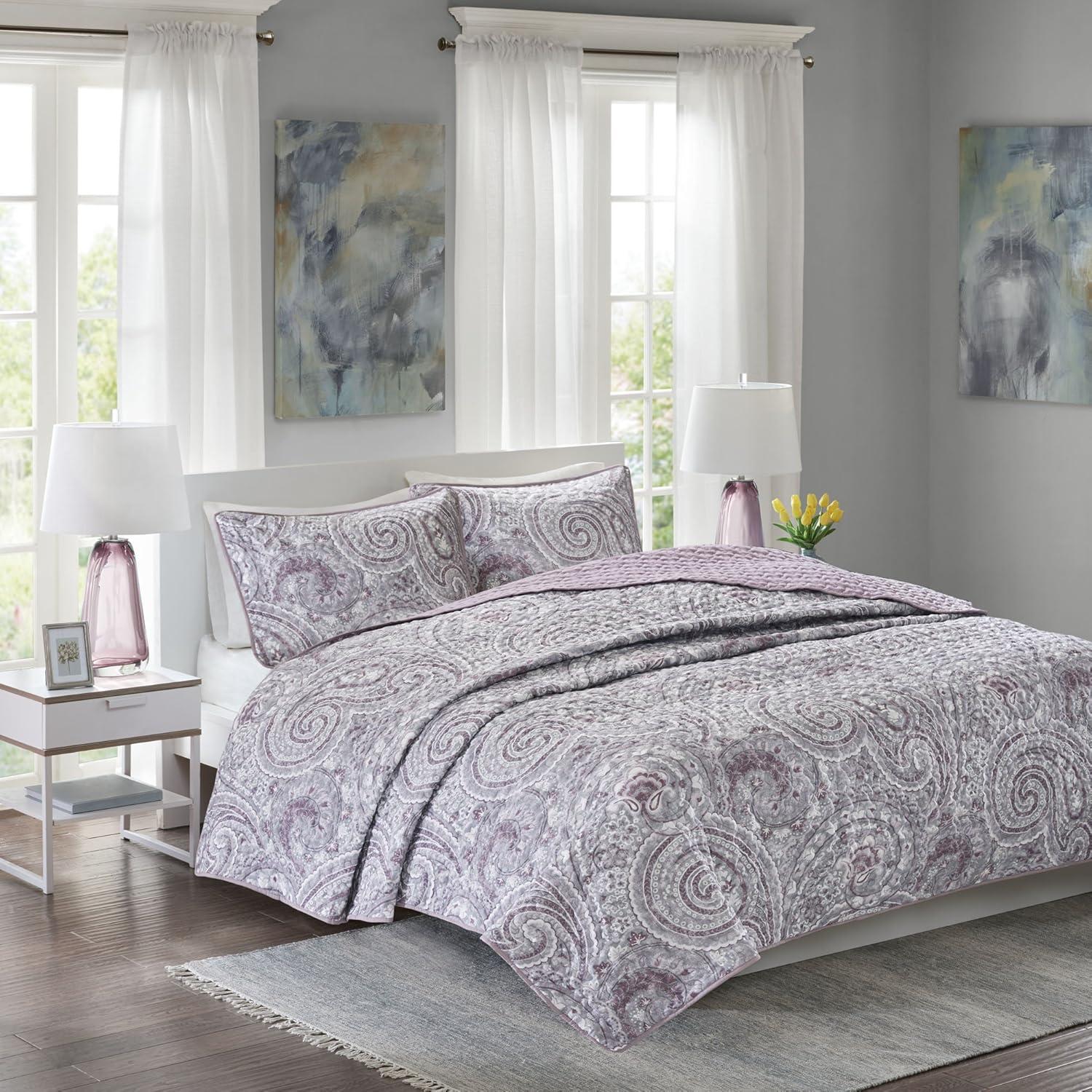 Comfort Spaces Queen Quilt Set, Reversible 3-Piece Quilt Set Set for All Season, Lightweight, Purple, Full/Queen