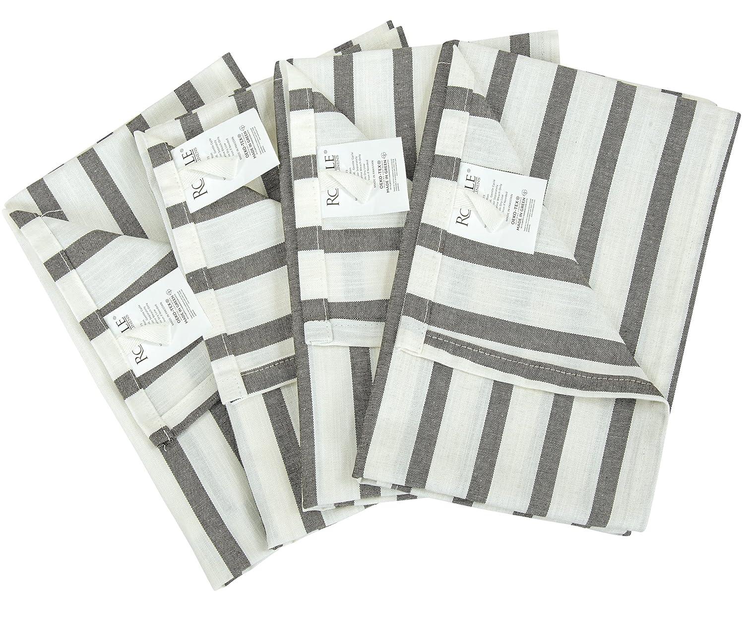 Royale Kitchen Towel 4 Pack - 100% Cotton Kitchen Dish Towel - Tea Towels - Reusable Cleaning Cloths - Highly Absorbent Bar Towel - Large Dish Towels - Wiping Cloth - (15X25 Inch, Black Stripe)