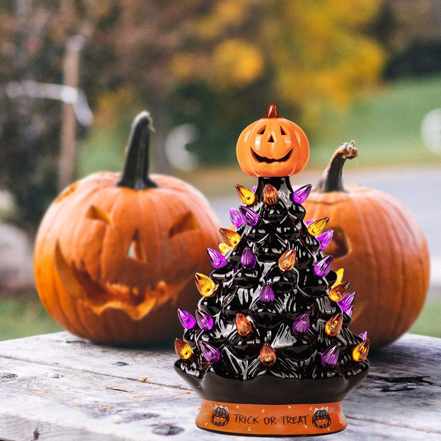 CodYinFI Christmas Tree - Decoration Made with Ceramic, Orange Pumpkin Head-Home Decoration-Trick Or Treat- Over 35 Multicolor Bulbs, LED Light Up by Battery - Black, 9 Inch