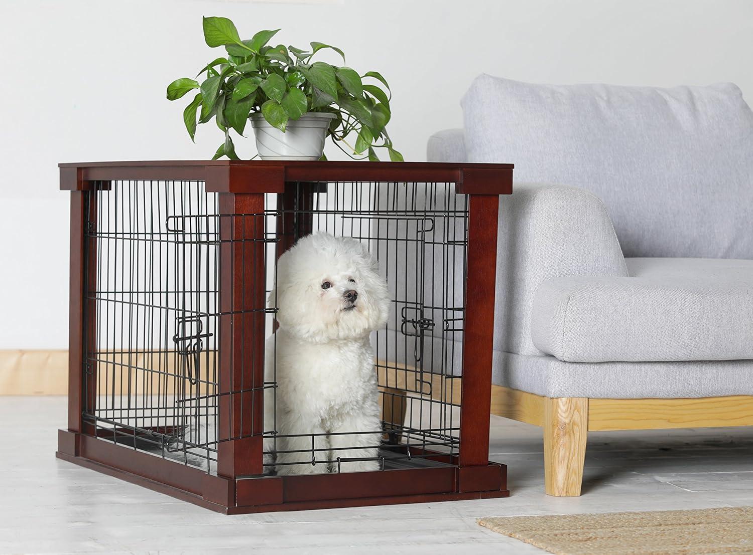 Merry Products 2 Door Decorative Pet Kennel with Wooden Protection Cover, Divider Insert, and Removable Tray End or Side Table, Large, Brown