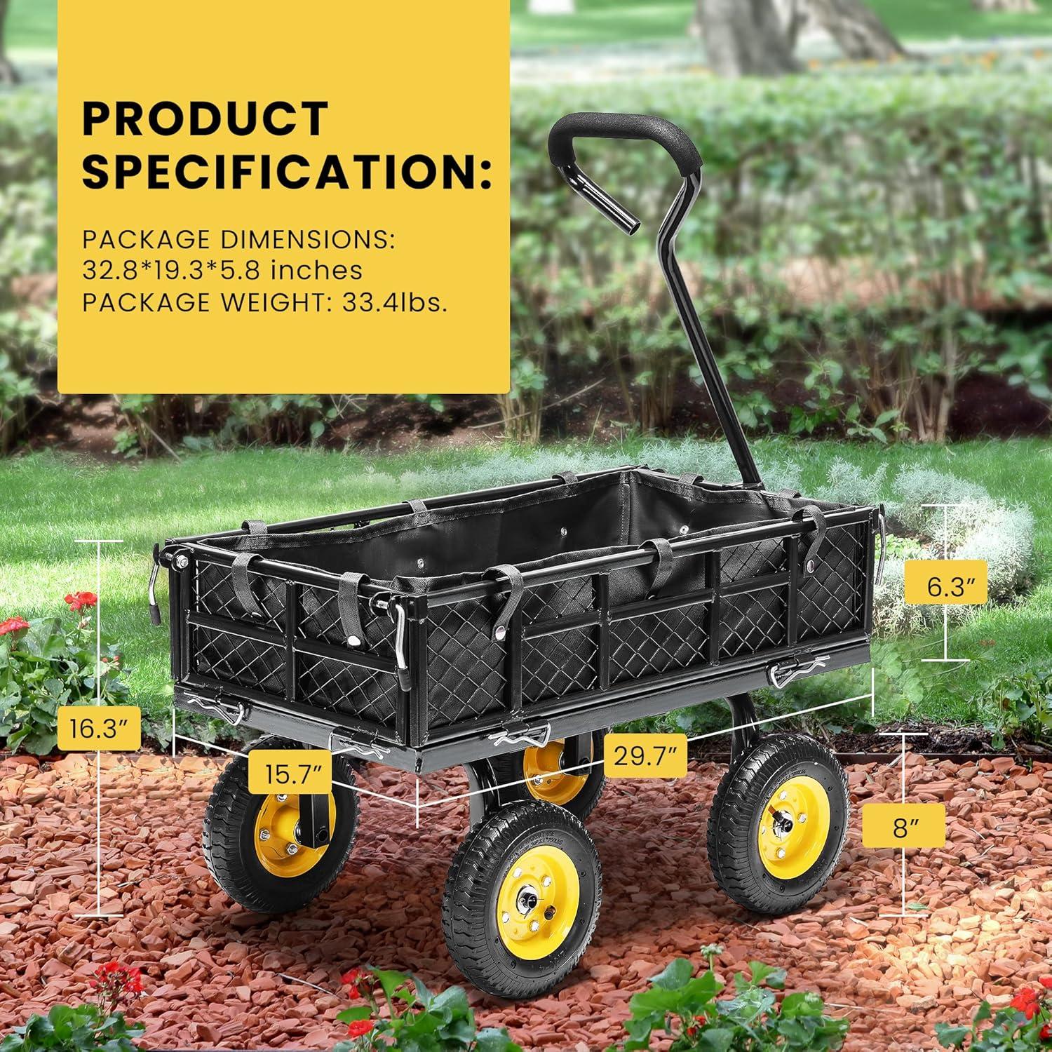 SPECSTAR Heavy Duty 400Lb Steel Garden Cart with Liner, Removable Sides and 8 inch Wheels (Black)