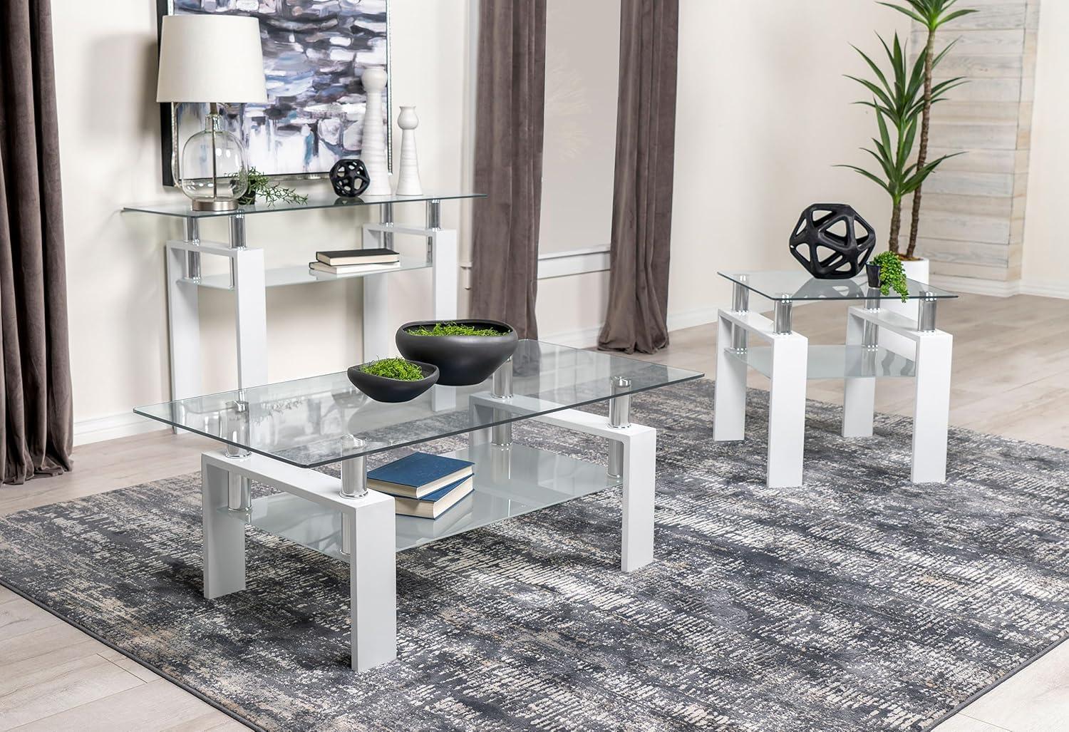 White Metal and Glass Rectangular Sofa Table with Shelf