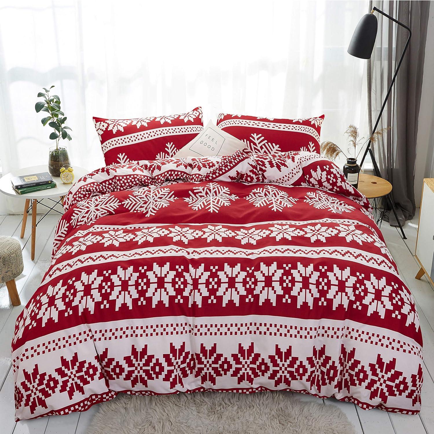 King Red and White Snowflake Pattern Christmas Duvet Cover Set