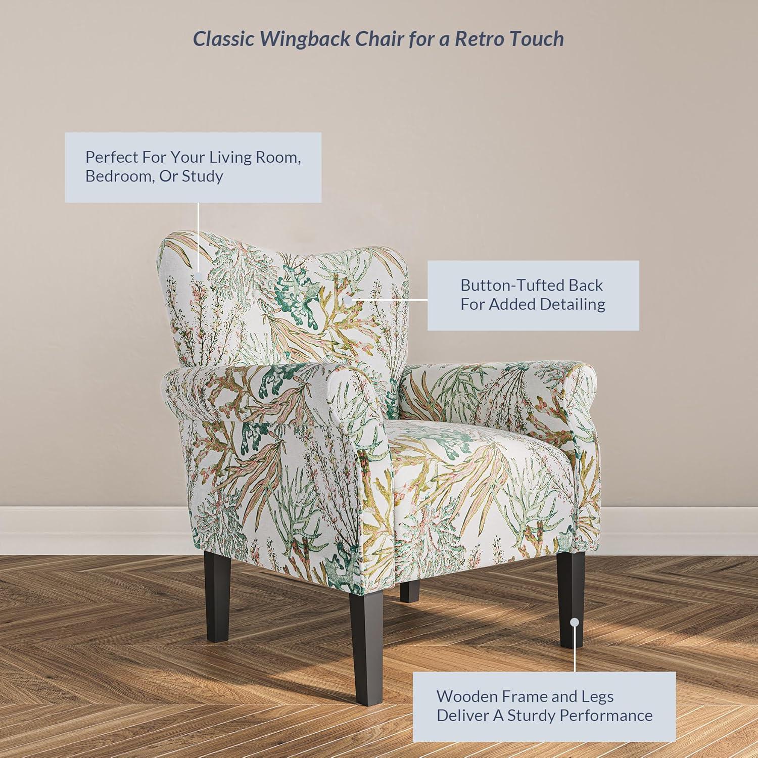 BELLEZE Modern Accent Chair for Living Room, High Back Linen Armchair with Wooden Legs, Upholstered Wingback Side Chair Padded Armrest Single Sofa for Living Room, Bedroom - Allston (Green Coral)