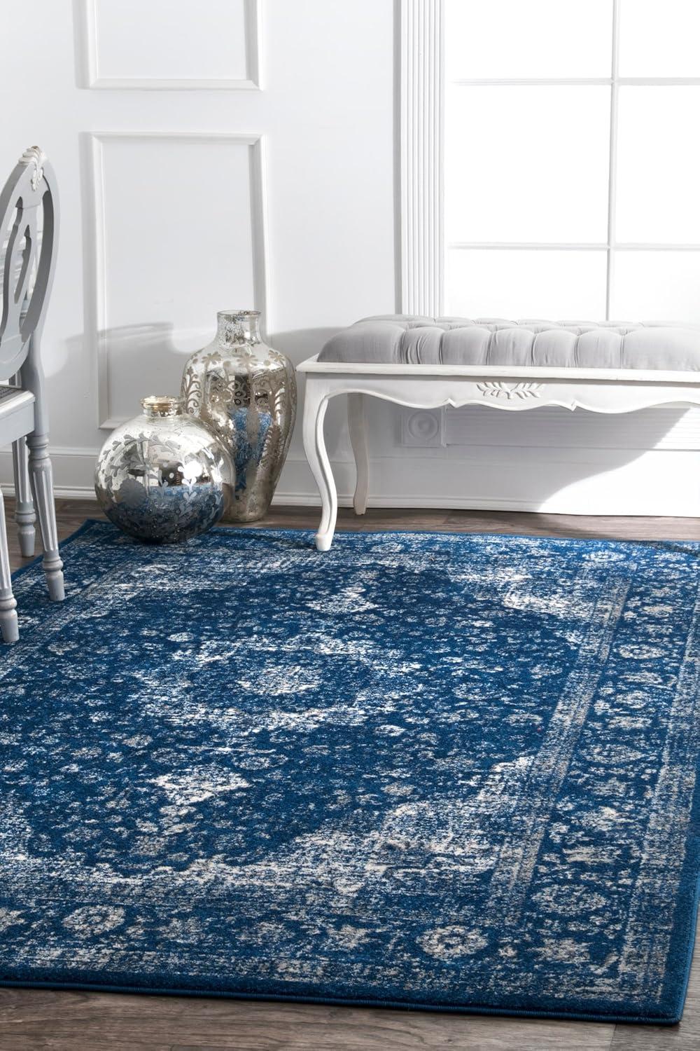 Dark Blue Rectangular Synthetic Persian Area Rug 6' x 9'