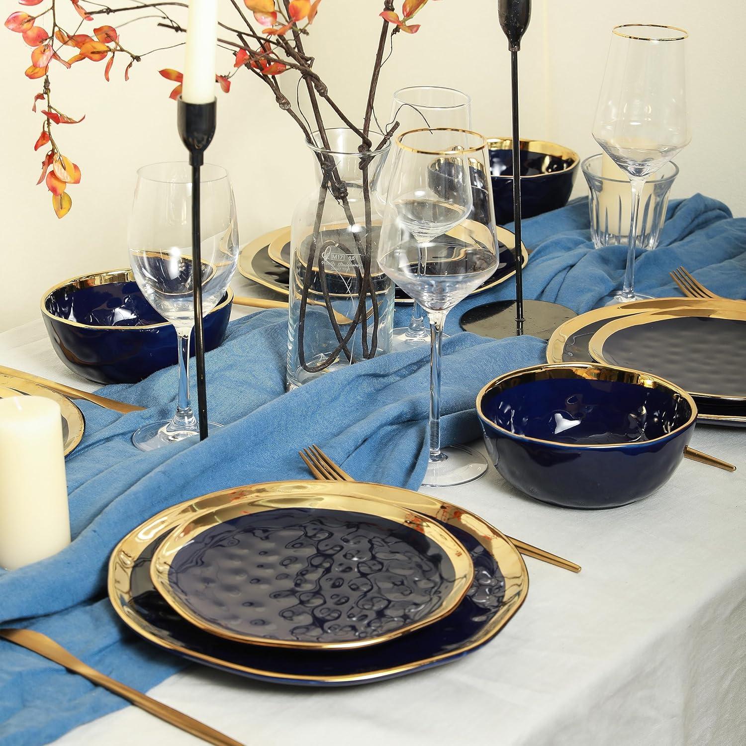 Navy Blue and Gold Porcelain 16-Piece Dinnerware Set