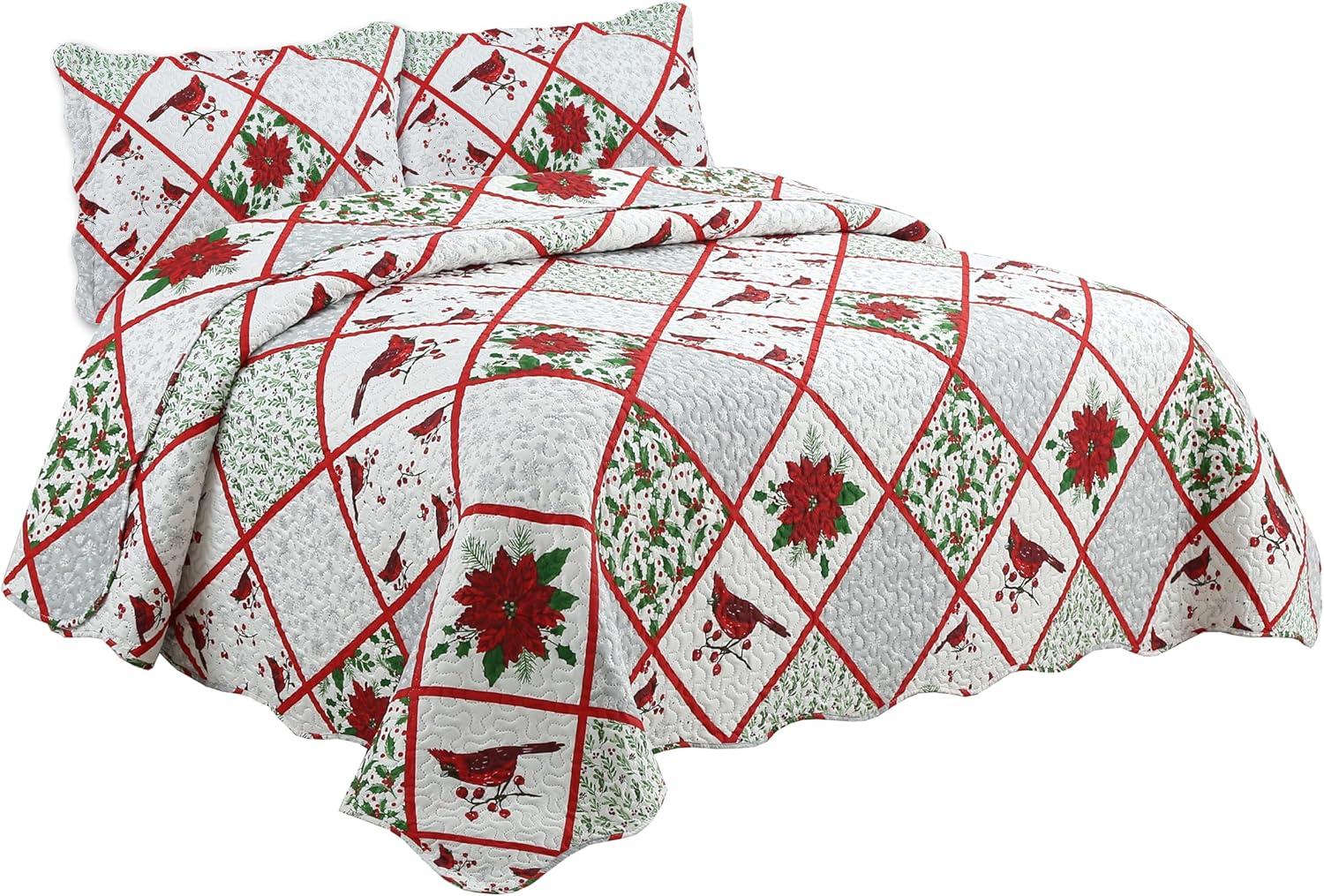 Printed Embossed Pinsonic Bedspread Soft Bedding Christmas Quilt Set, Red Cardinal Poinsettia