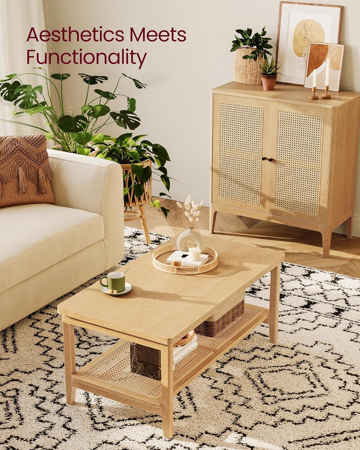 VASAGLE 2-Tier Coffee Table for Living Room, Rectangular Living Room Table, with PVC Rattan Storage Shelf, Rounded Corners, Easy Assembly, Boho Style, 21.7 x 39.4 x 17.7 Inches, Oak Beige ULCT240Y57