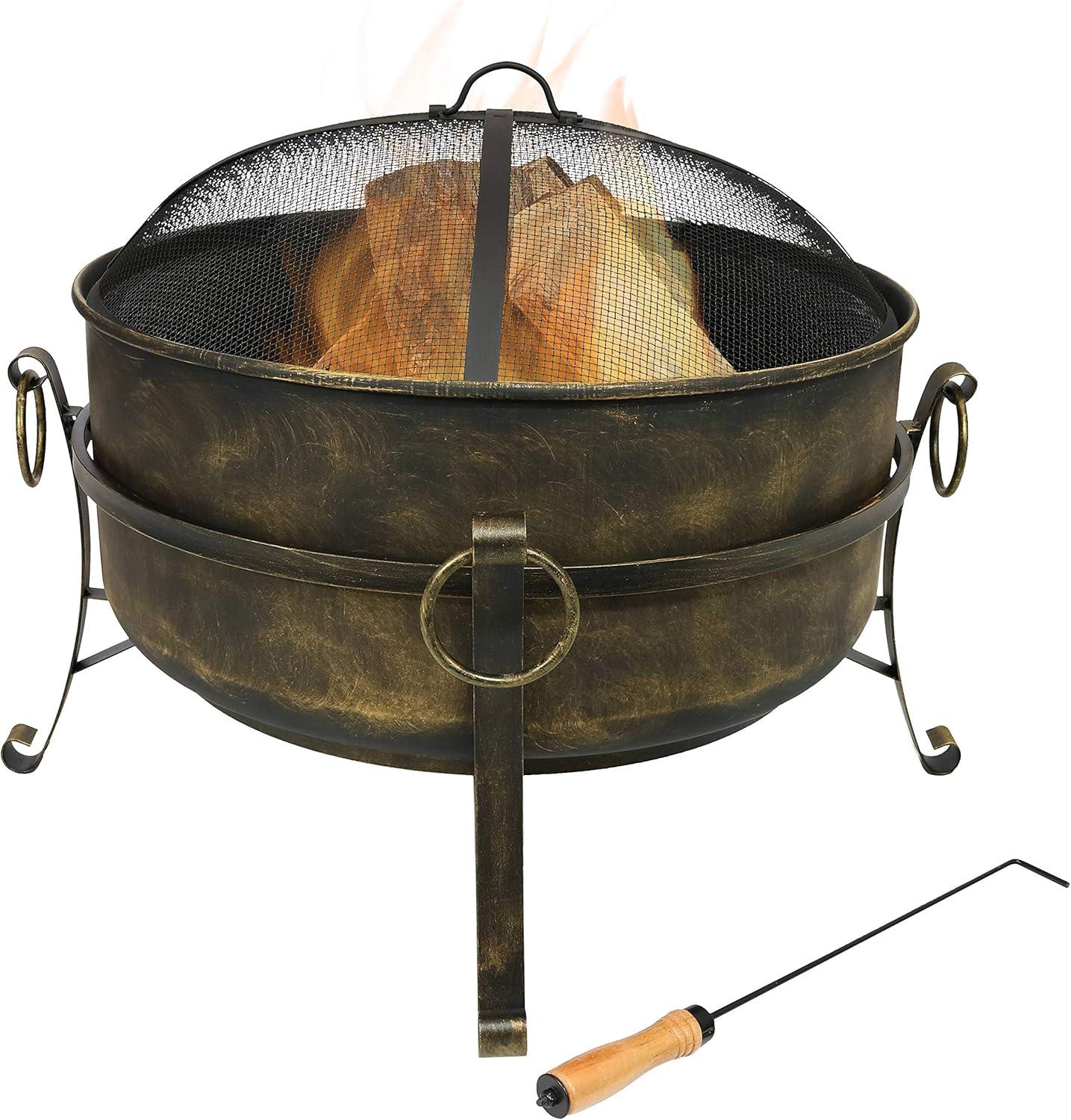 Sunnydaze Outdoor Camping or Backyard Round Cauldron Fire Pit with Spark Screen, Log Poker, and Metal Wood Grate - 24"