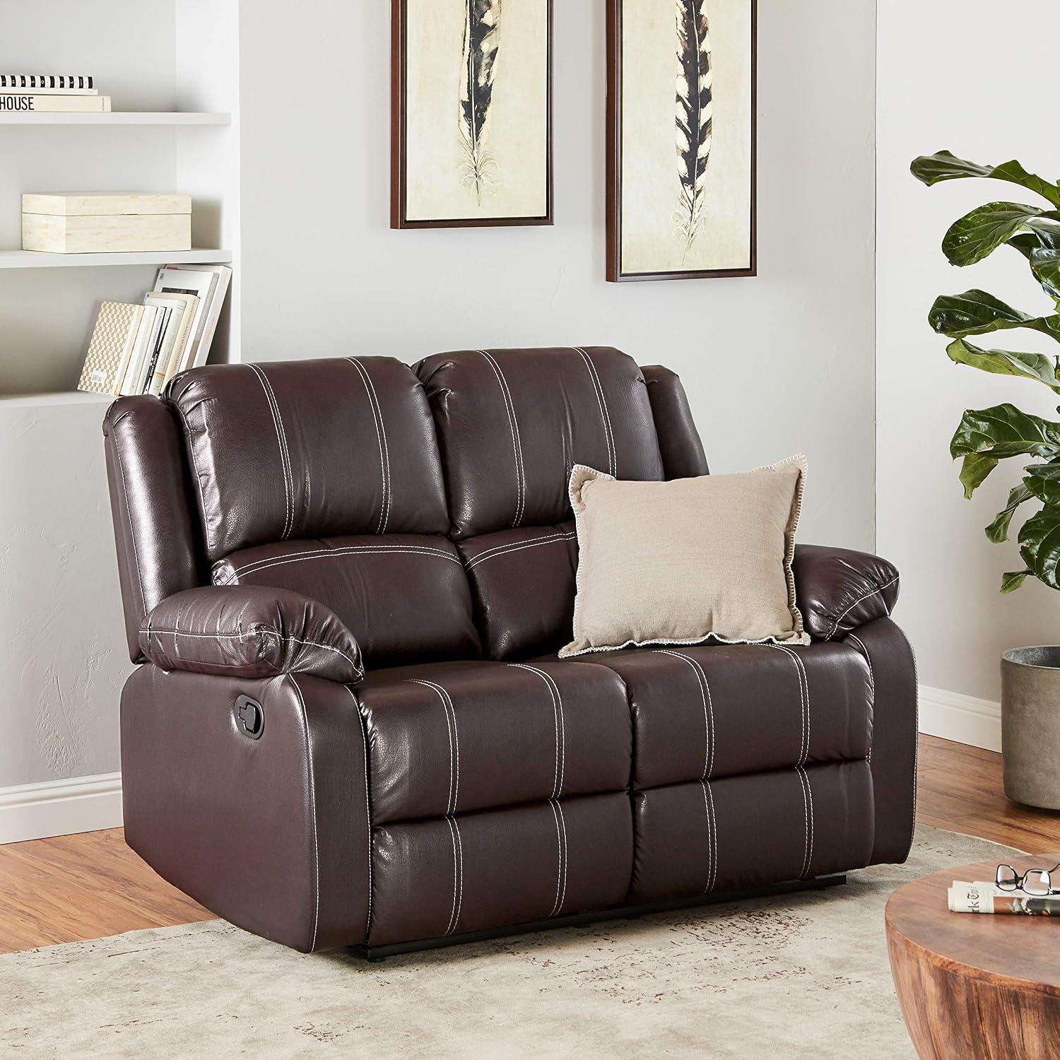 Contoured Comfort Brown Faux Leather Loveseat with Cup Holders