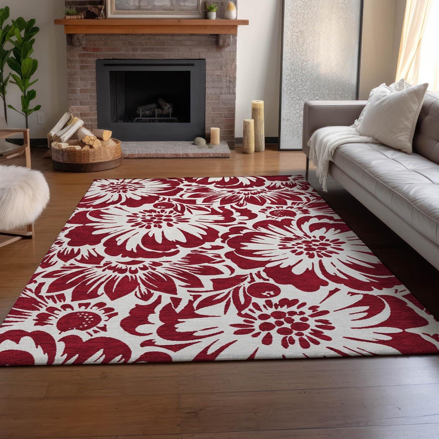 Burgundy Floral Rectangular Washable Synthetic Rug 3' x 5'