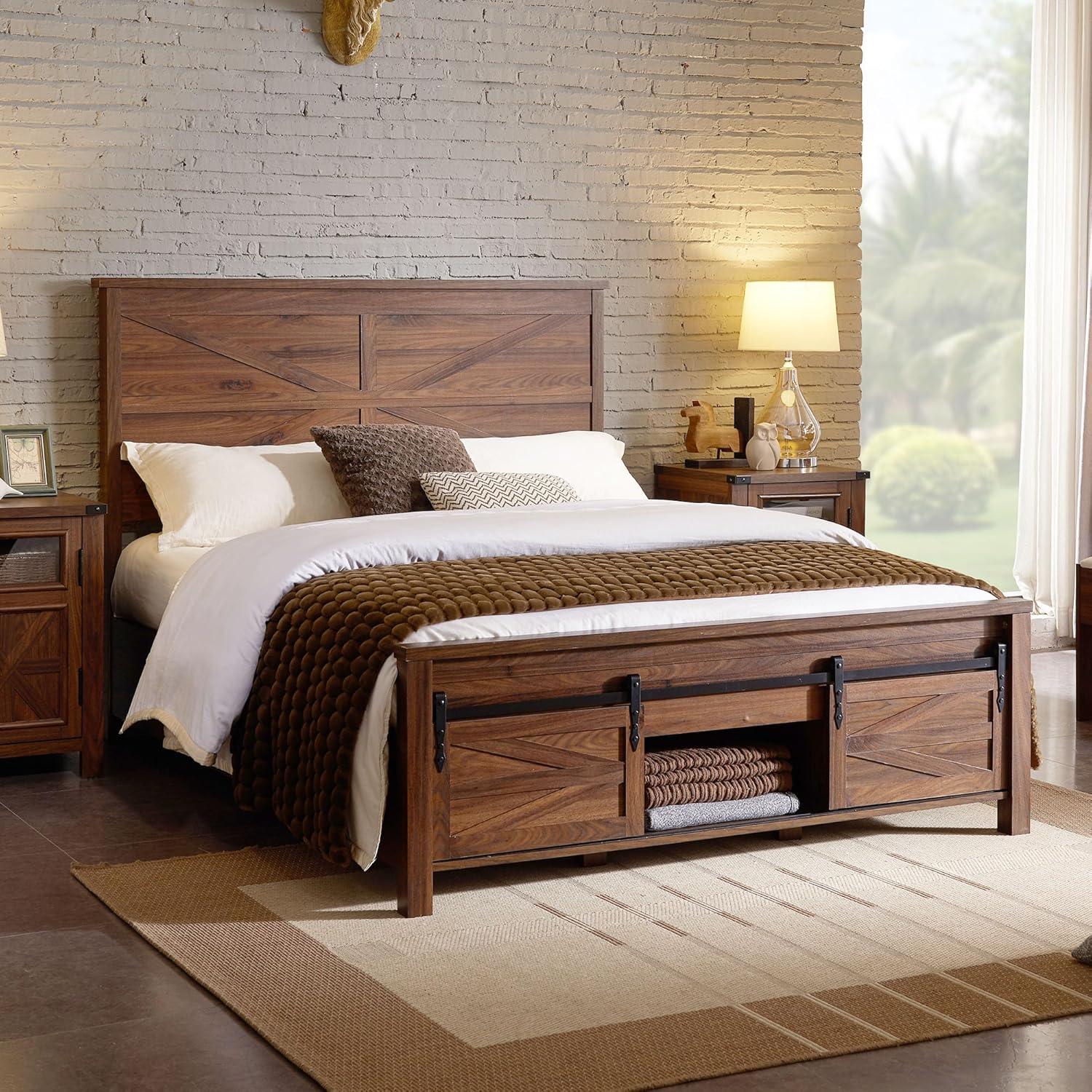 Argana Farmhouse Wood Bed Frame with Headboard and Sliding Barn Door Storage Cabinets