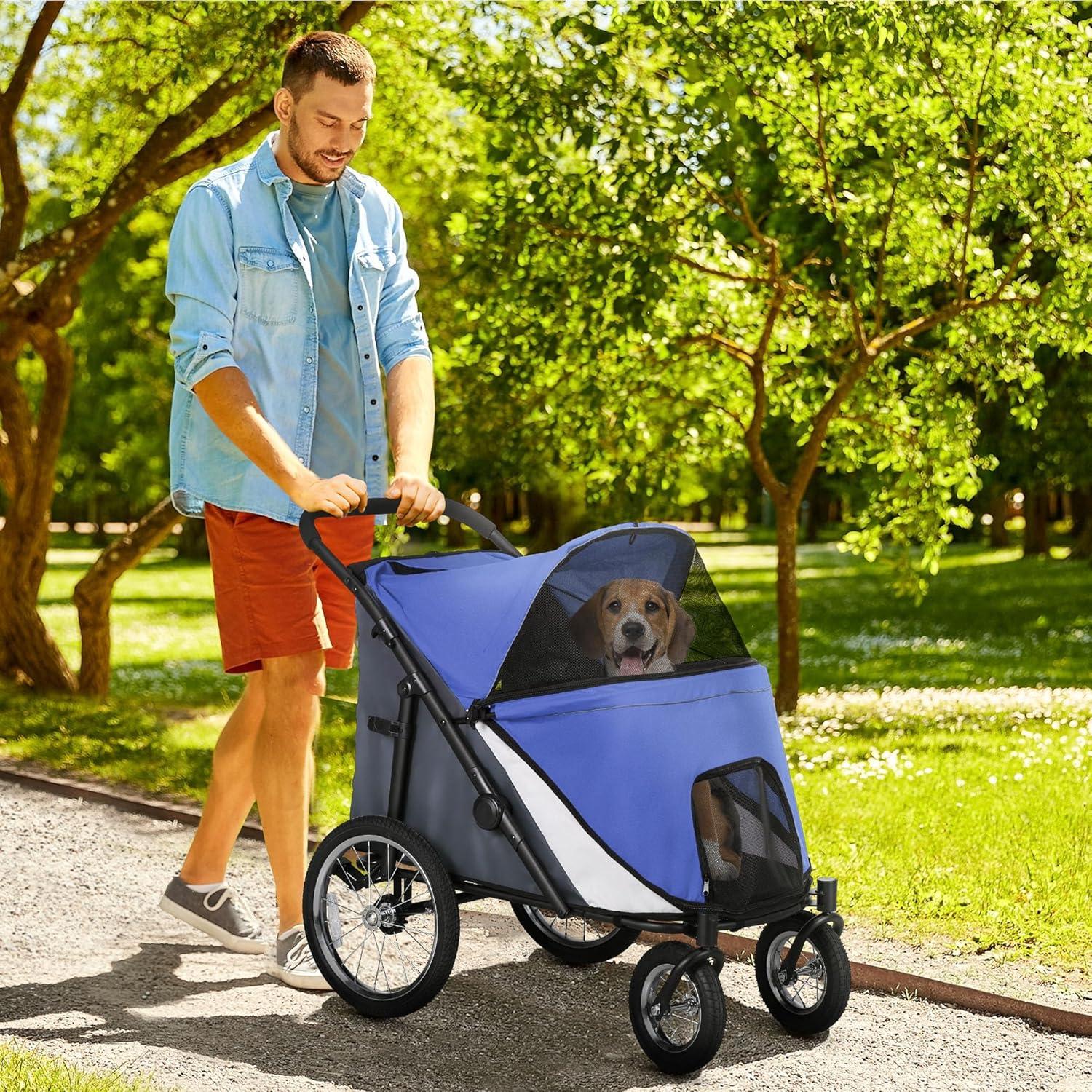 Blue Foldable Pet Stroller with Mesh Canopy and Cushion