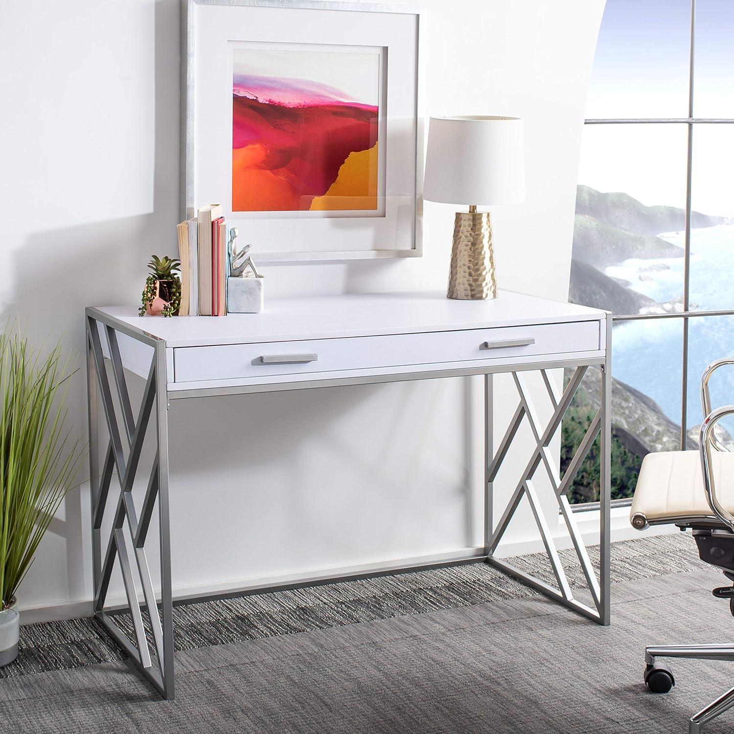 Elaine 1 Drawer Desk - White/Silver - Safavieh
