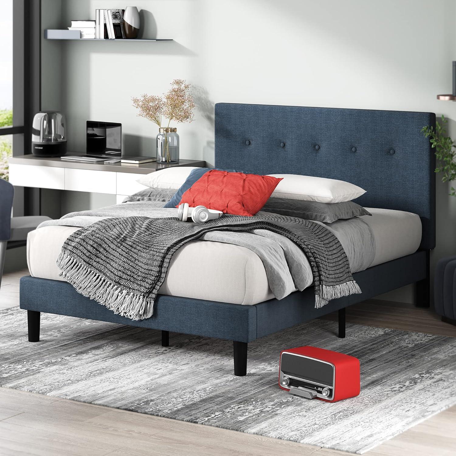 Navy Upholstered Queen Platform Bed with Tufted Headboard